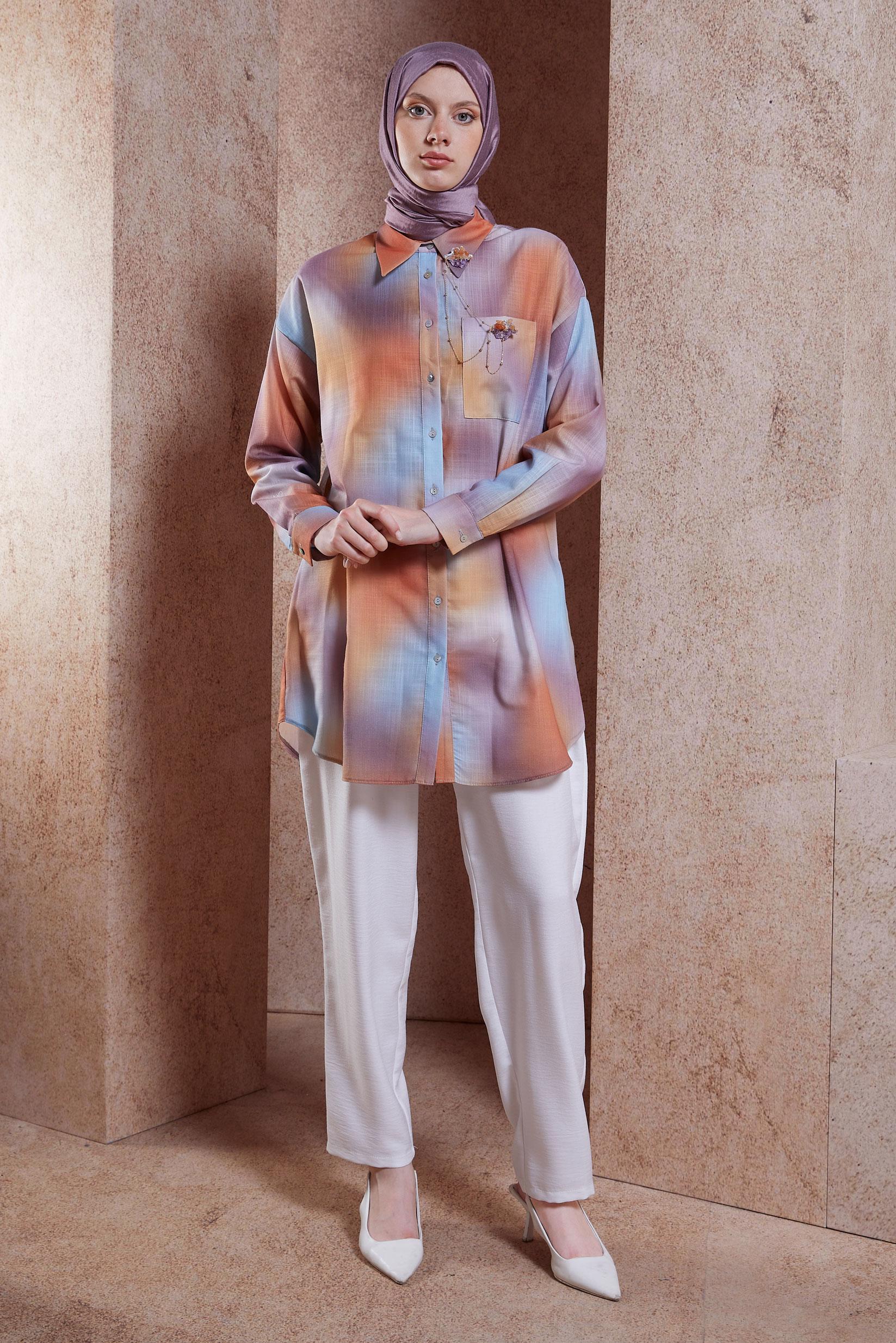 Tesettür giyim TURUNCU KETEN DOKULU BROŞLU TUNİK 44627