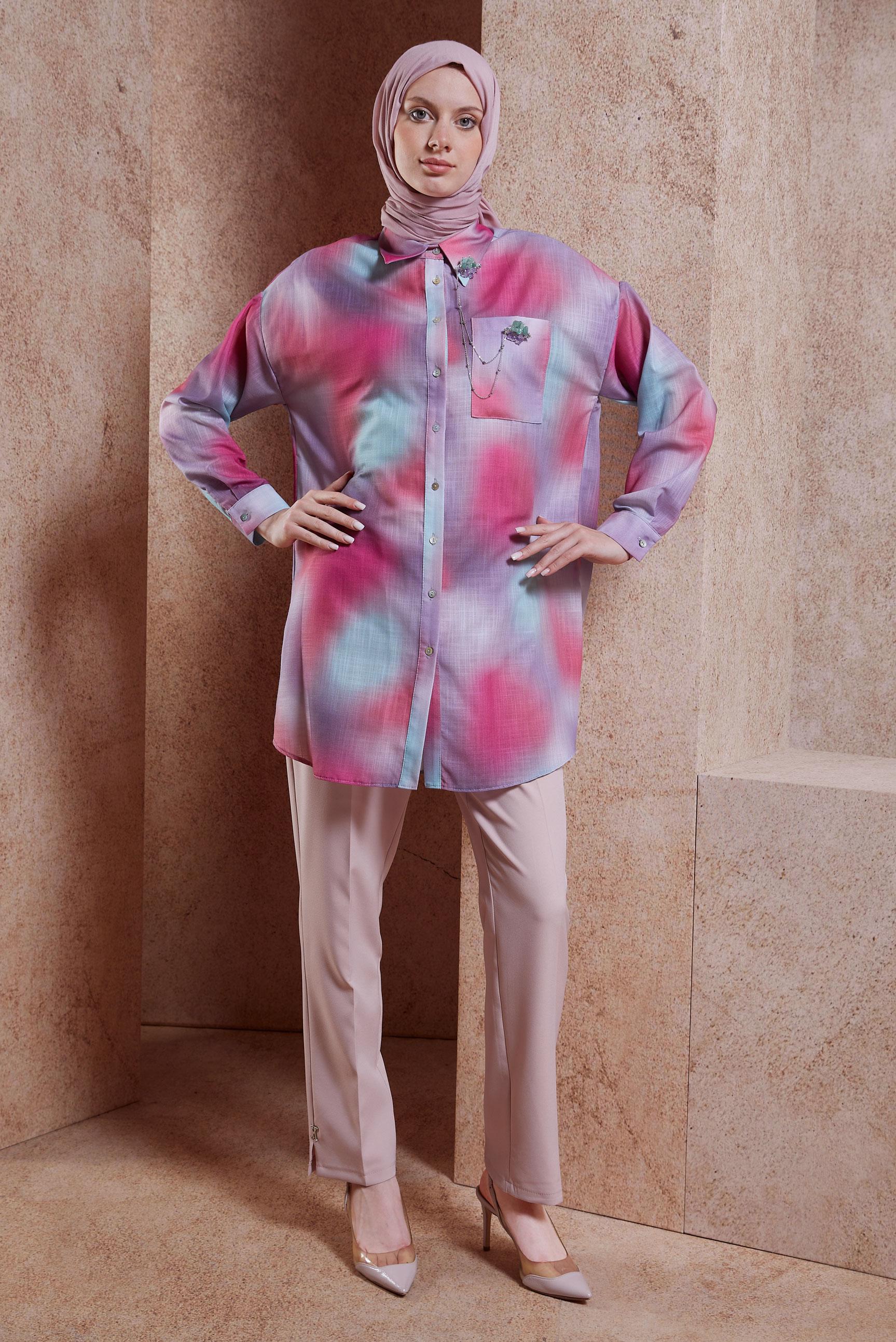 Tesettür giyim FUŞYA KETEN DOKULU BROŞLU TUNİK 44627