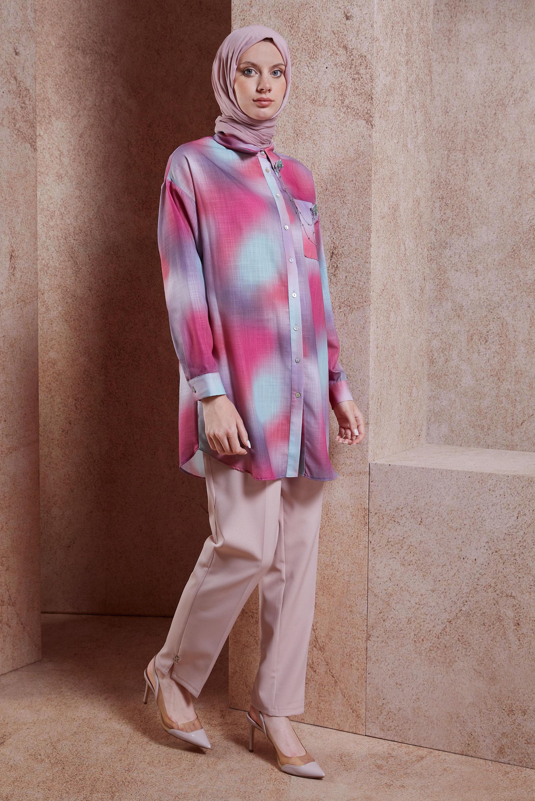 Tesettür giyim FUŞYA KETEN DOKULU BROŞLU TUNİK 44627