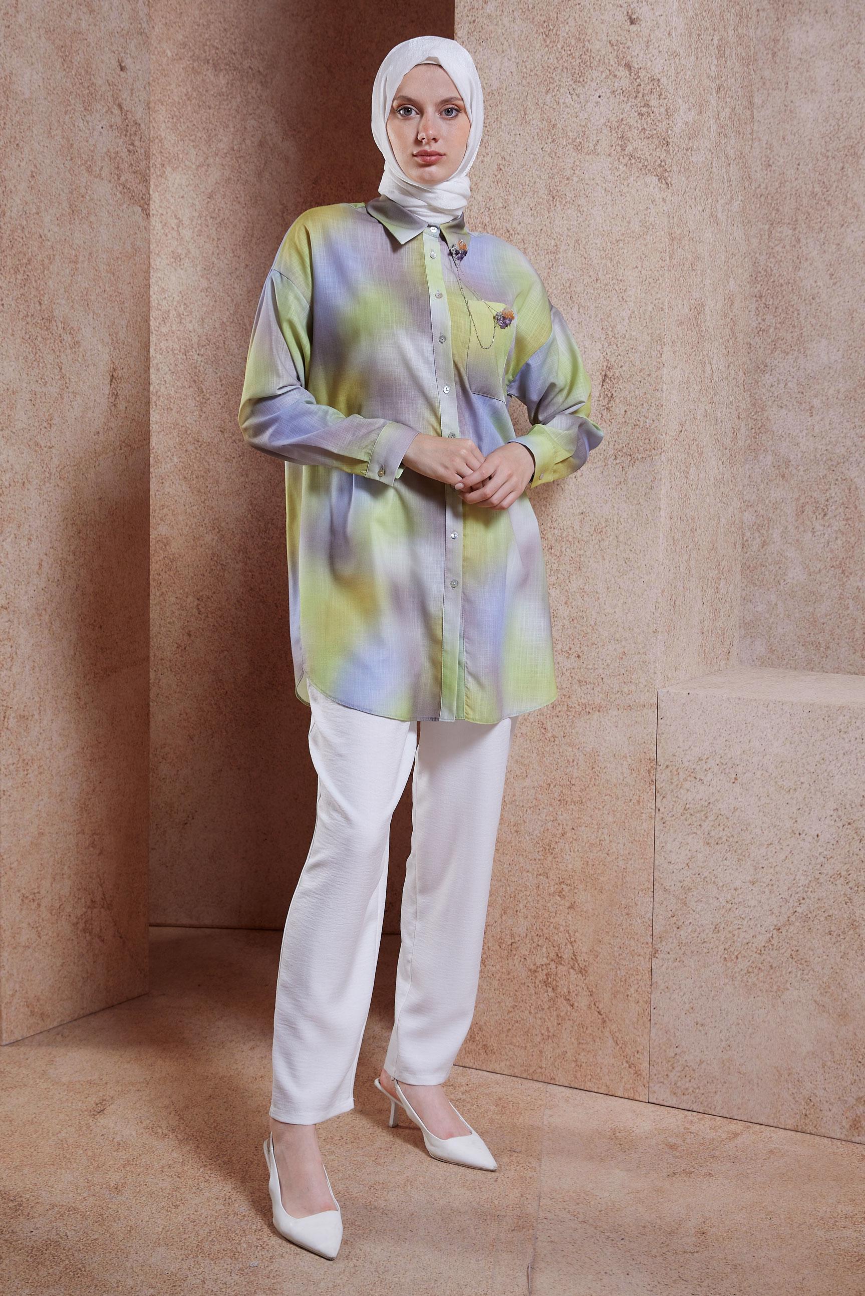 Tesettür giyim YEŞİL KETEN DOKULU BROŞLU TUNİK 44627