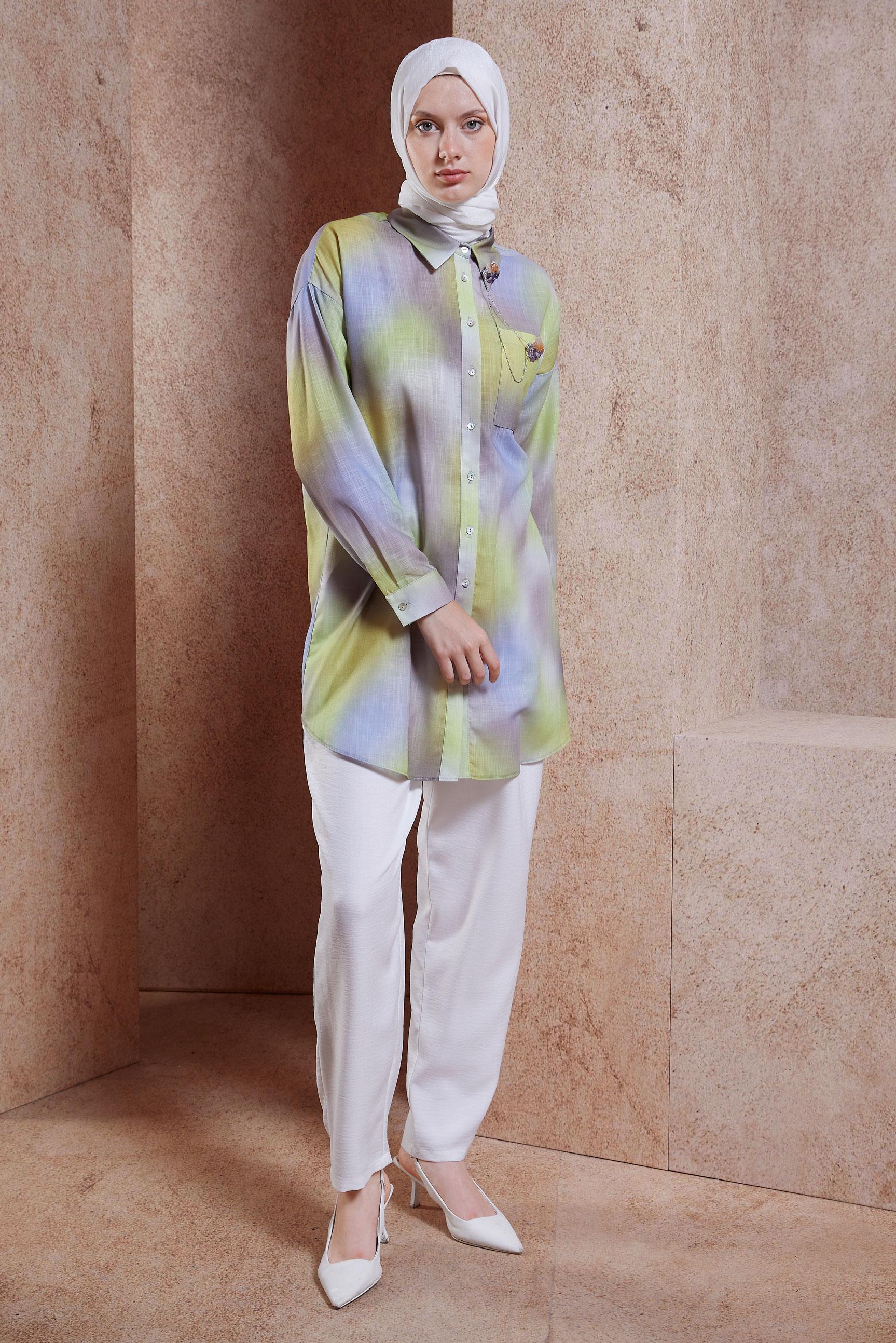 Tesettür giyim YEŞİL KETEN DOKULU BROŞLU TUNİK 44627