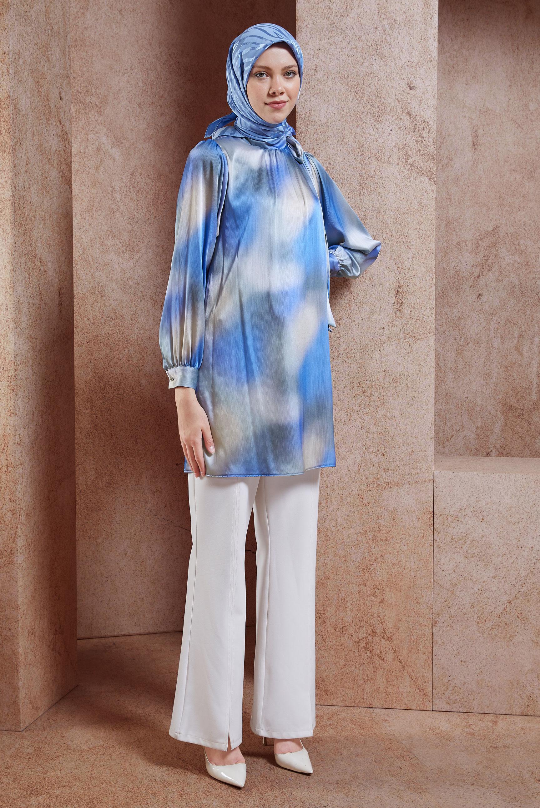 Tesettür giyim MAVİ SATEN TESETTÜR TUNİK 44628