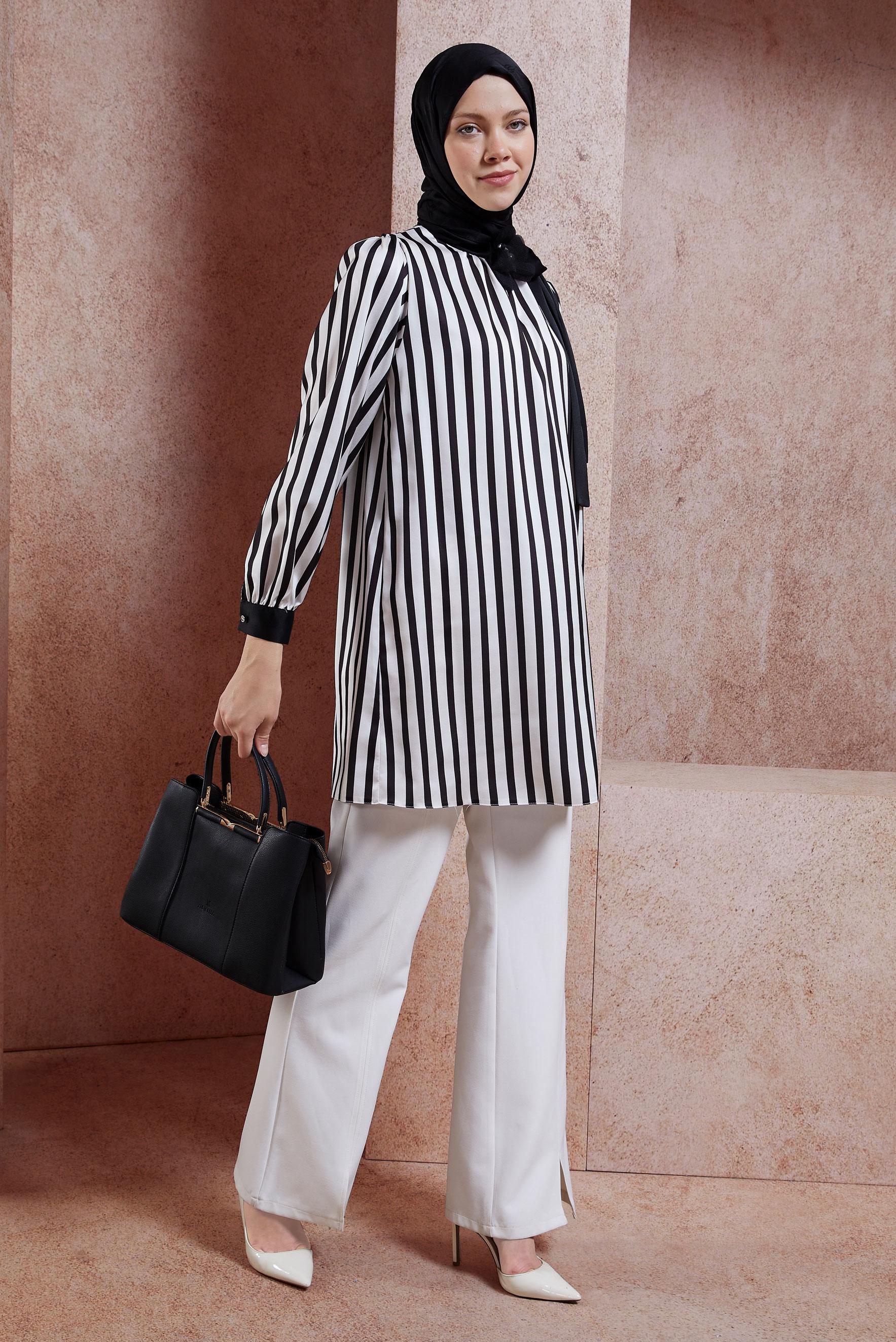 Tesettür giyim BEJ ÇİZGİLİ SATEN TUNİK 44629