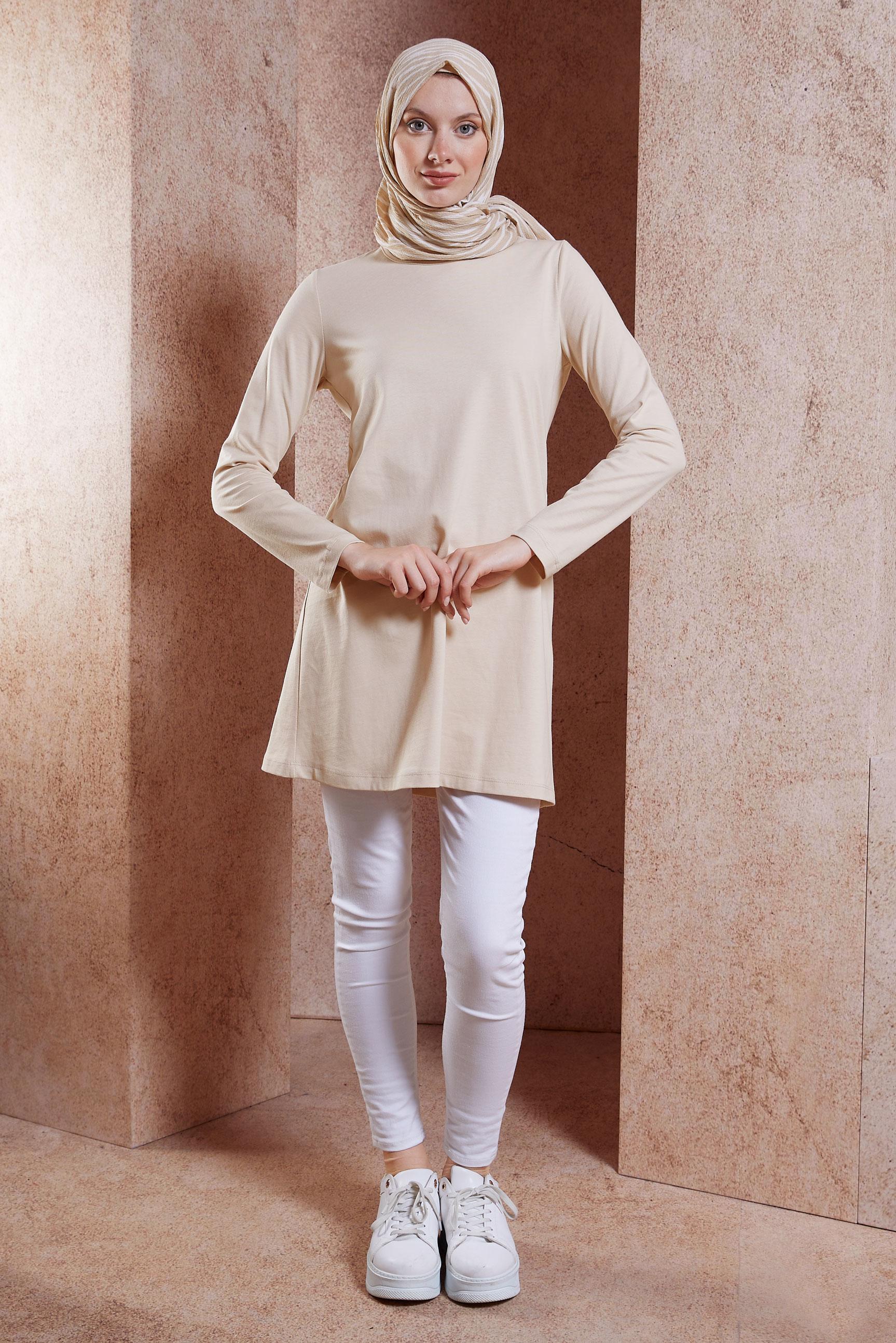 Tesettür giyim BEJ DÜZ TESETTÜR TUNİK 44644