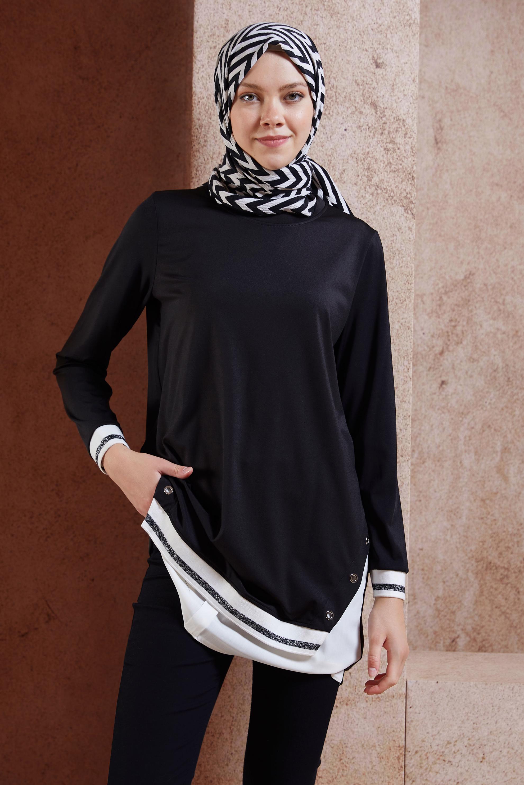 Tesettür giyim SİYAH GARNİLİ TESETTÜR TUNİK 44645