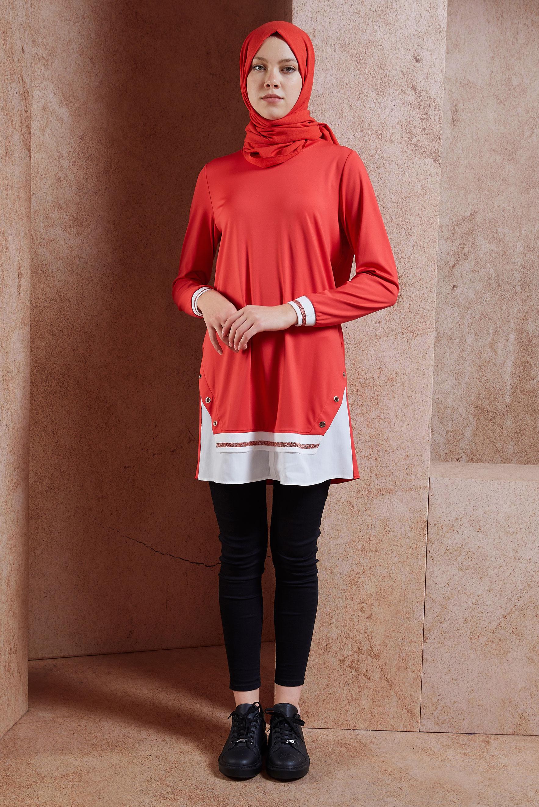 Tesettür giyim KIRMIZI GARNİLİ TESETTÜR TUNİK 44645