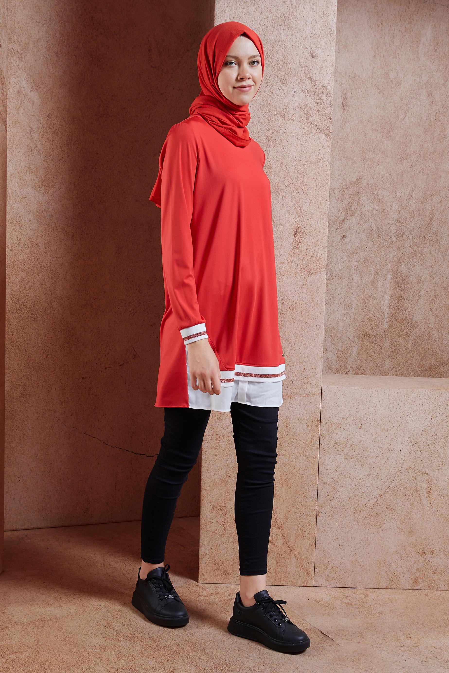 Tesettür giyim KIRMIZI GARNİLİ TESETTÜR TUNİK 44645