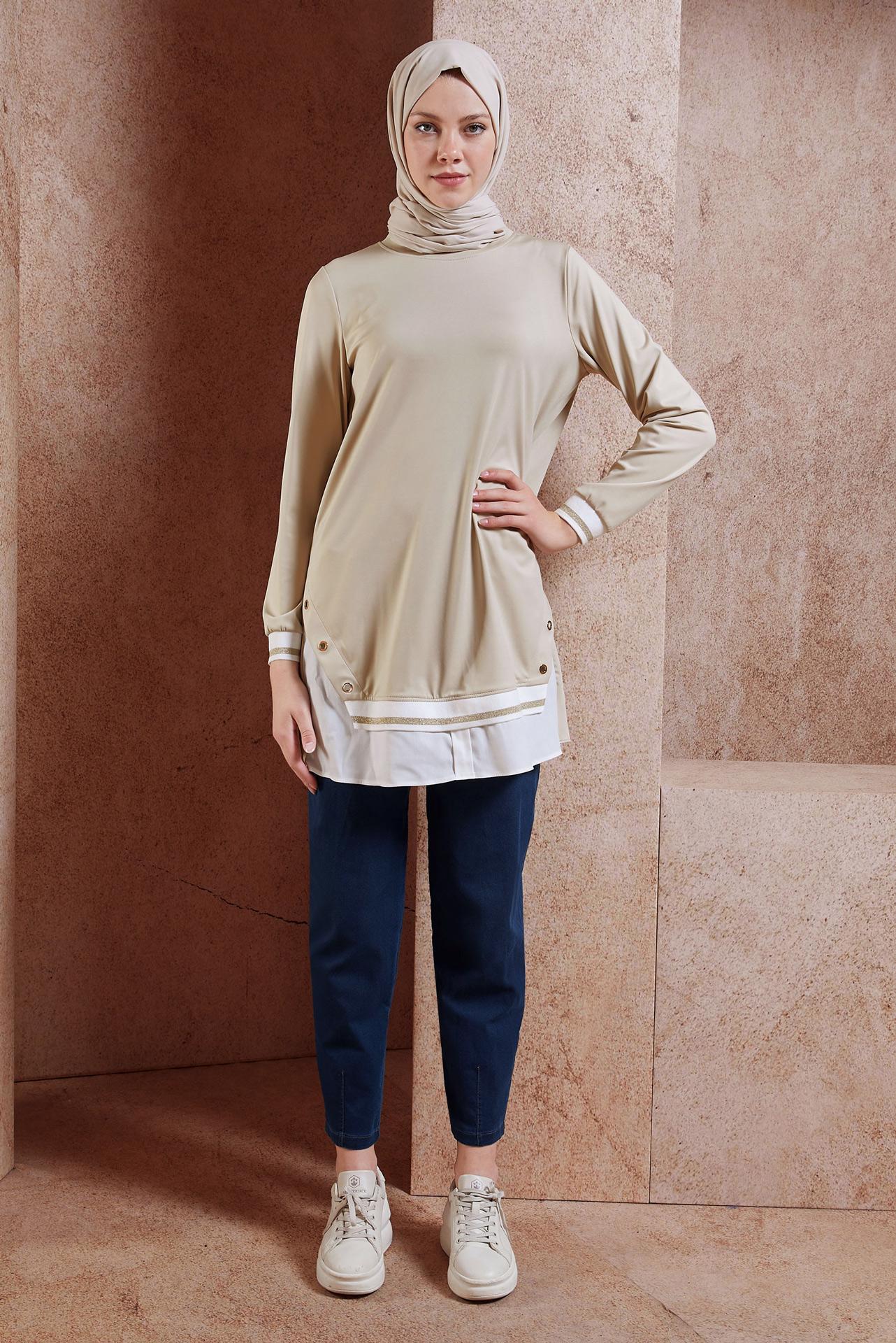 Tesettür giyim BEJ GARNİLİ TESETTÜR TUNİK 44645