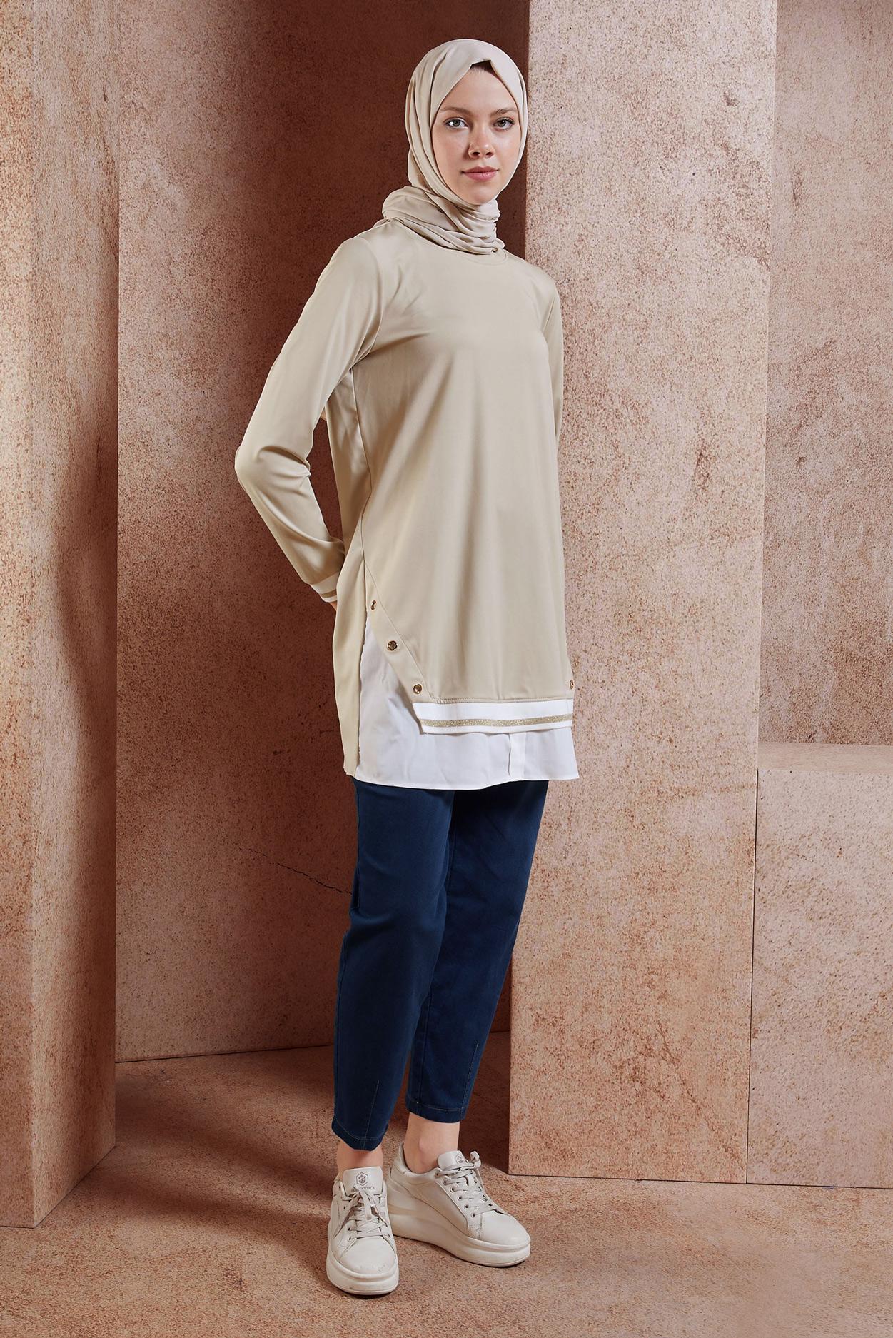 Tesettür giyim BEJ GARNİLİ TESETTÜR TUNİK 44645