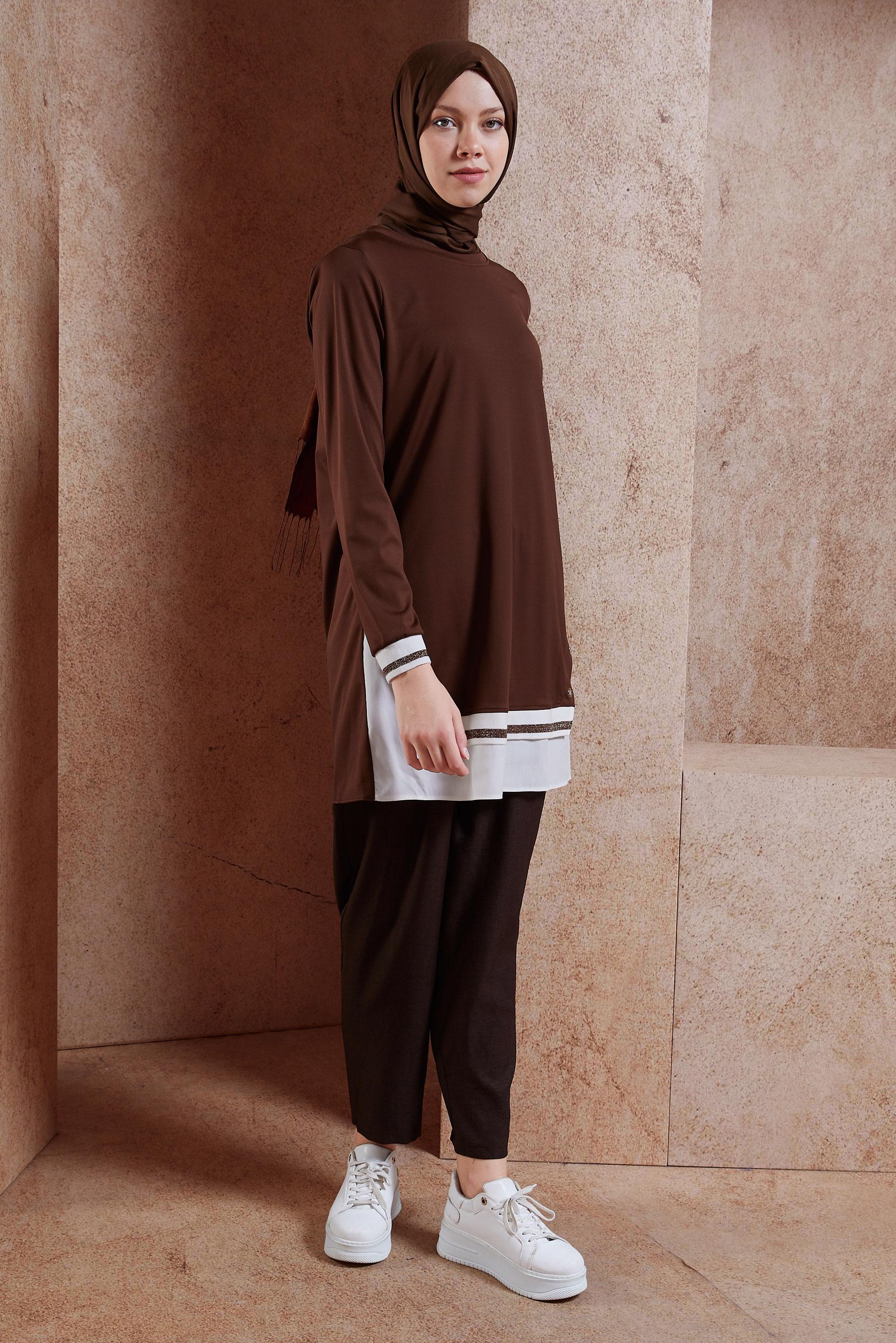 Tesettür giyim KAHVE GARNİLİ TESETTÜR TUNİK 44645