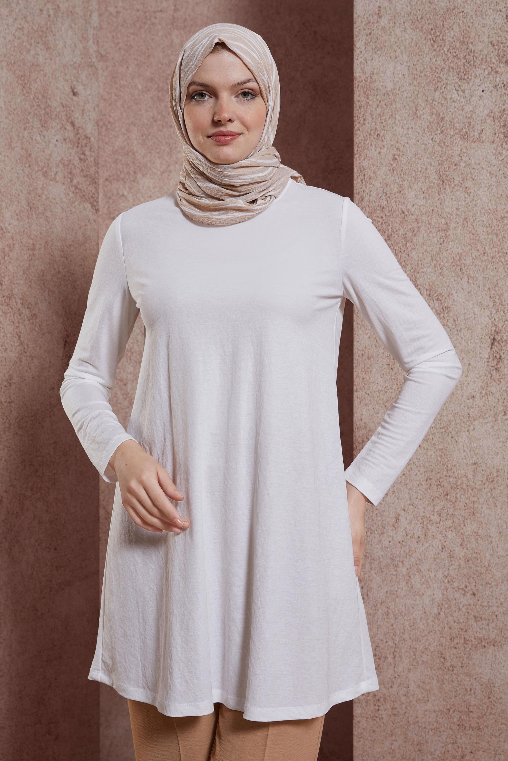 Tesettür giyim BEYAZ BİSİKLET YAKA DÜZ TUNİK 44646