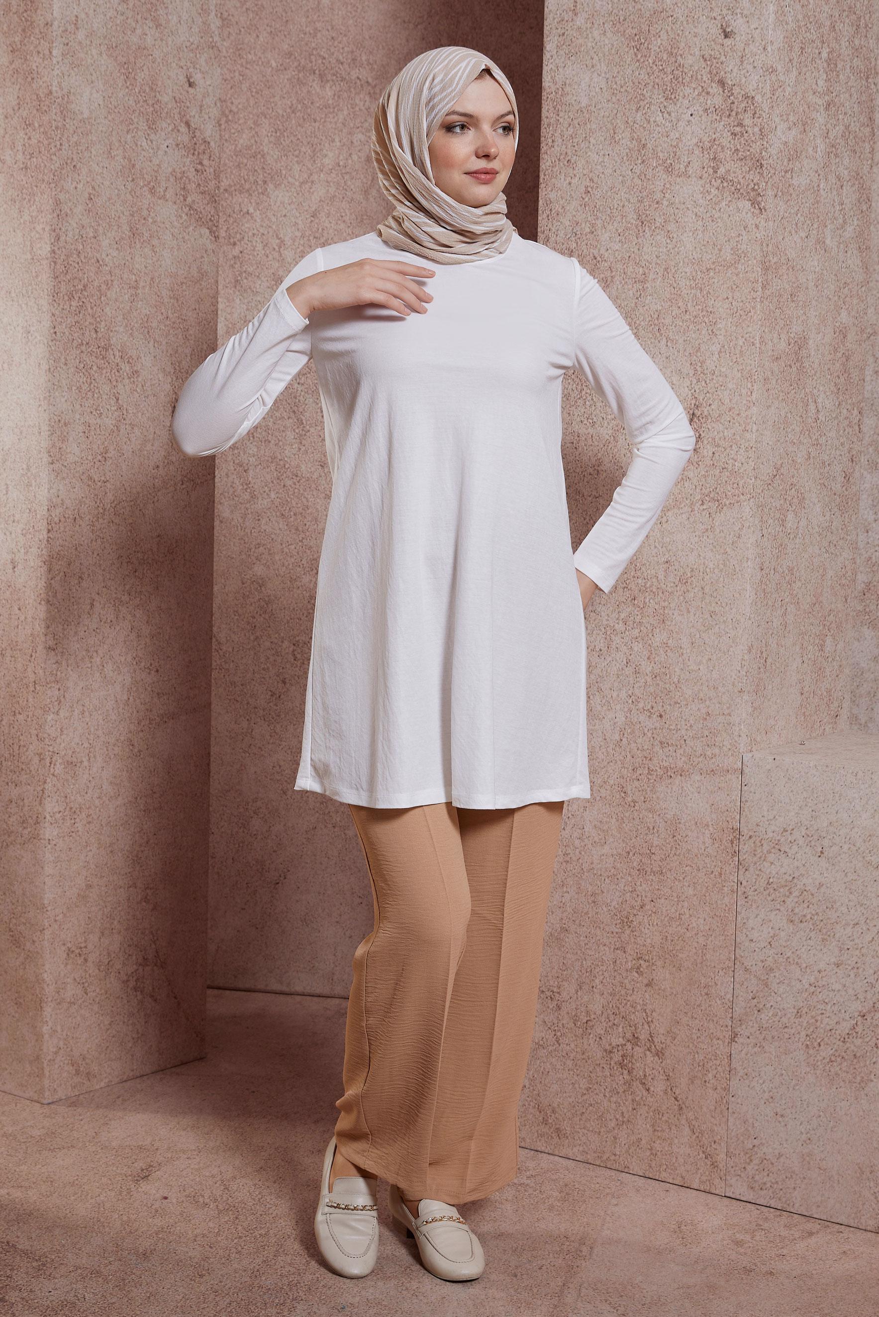 Tesettür giyim BEYAZ BİSİKLET YAKA DÜZ TUNİK 44646