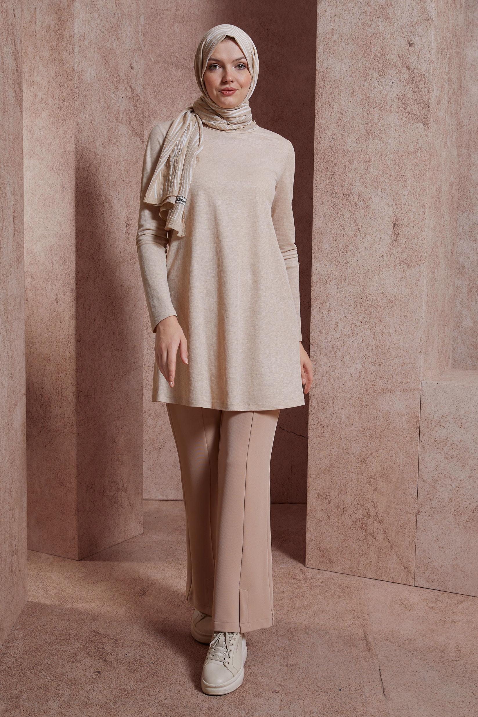 Tesettür giyim BEJ BİSİKLET YAKA DÜZ TUNİK 44646