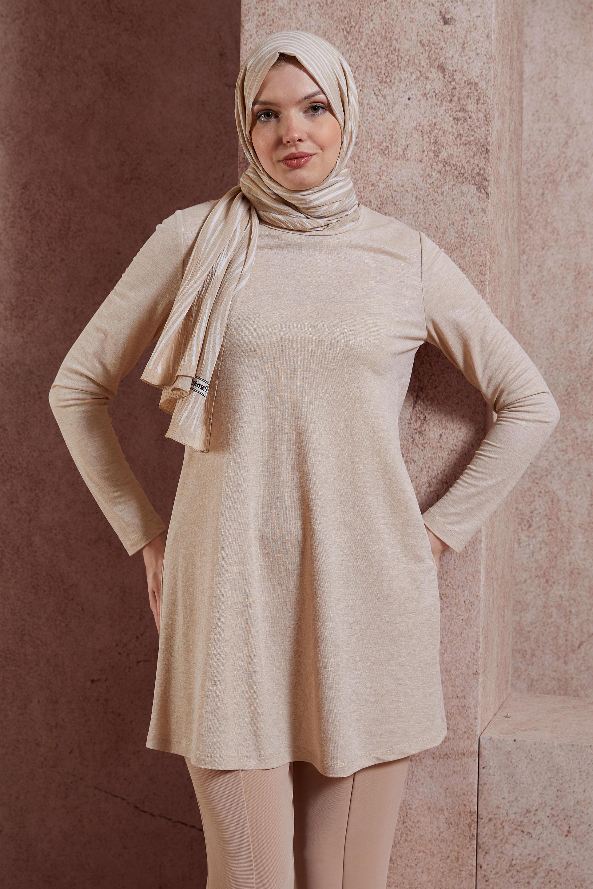 Tesettür giyim BEJ BİSİKLET YAKA DÜZ TUNİK 44646