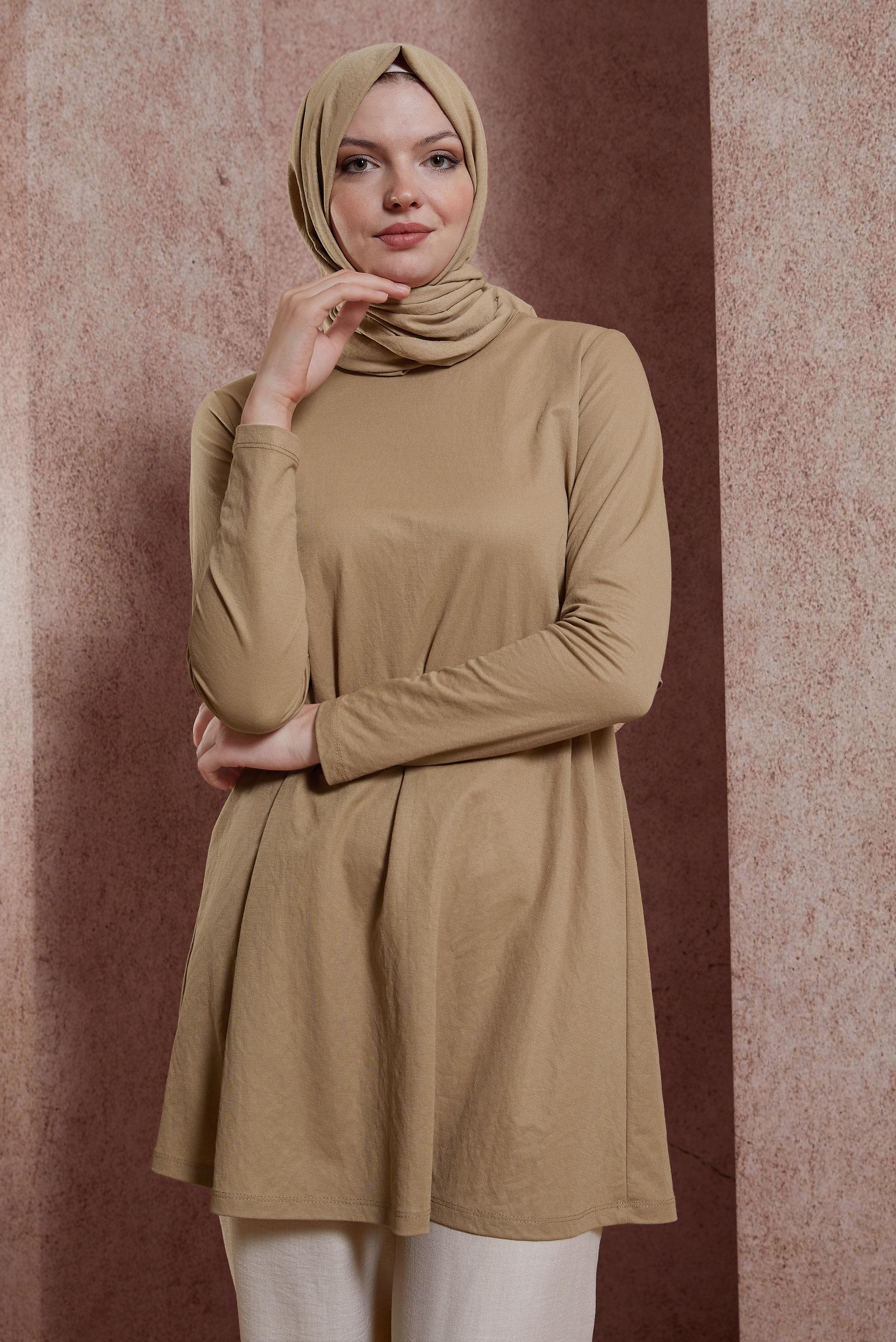 Tesettür giyim KAHVE BİSİKLET YAKA DÜZ TUNİK 44646
