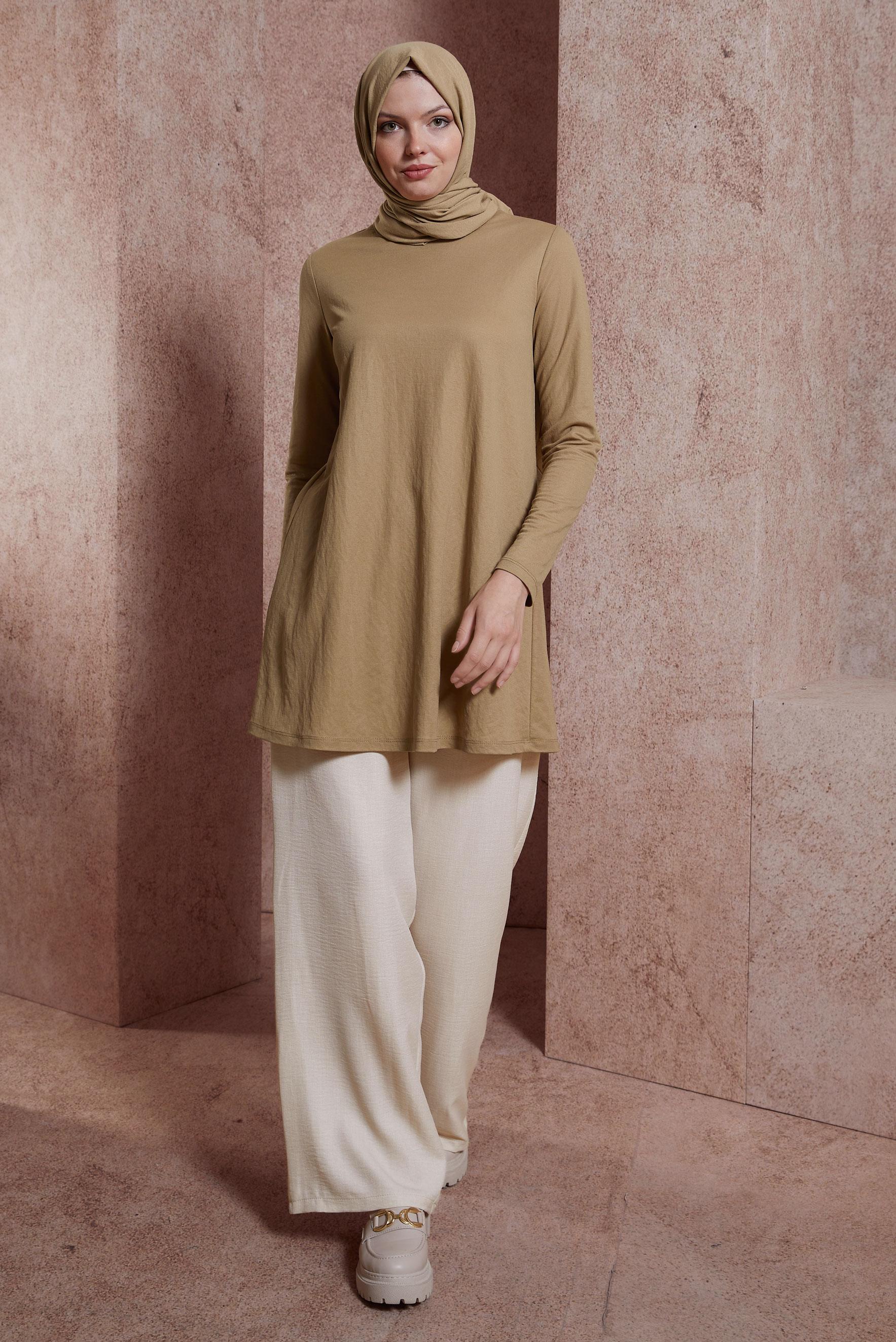 Tesettür giyim KAHVE BİSİKLET YAKA DÜZ TUNİK 44646