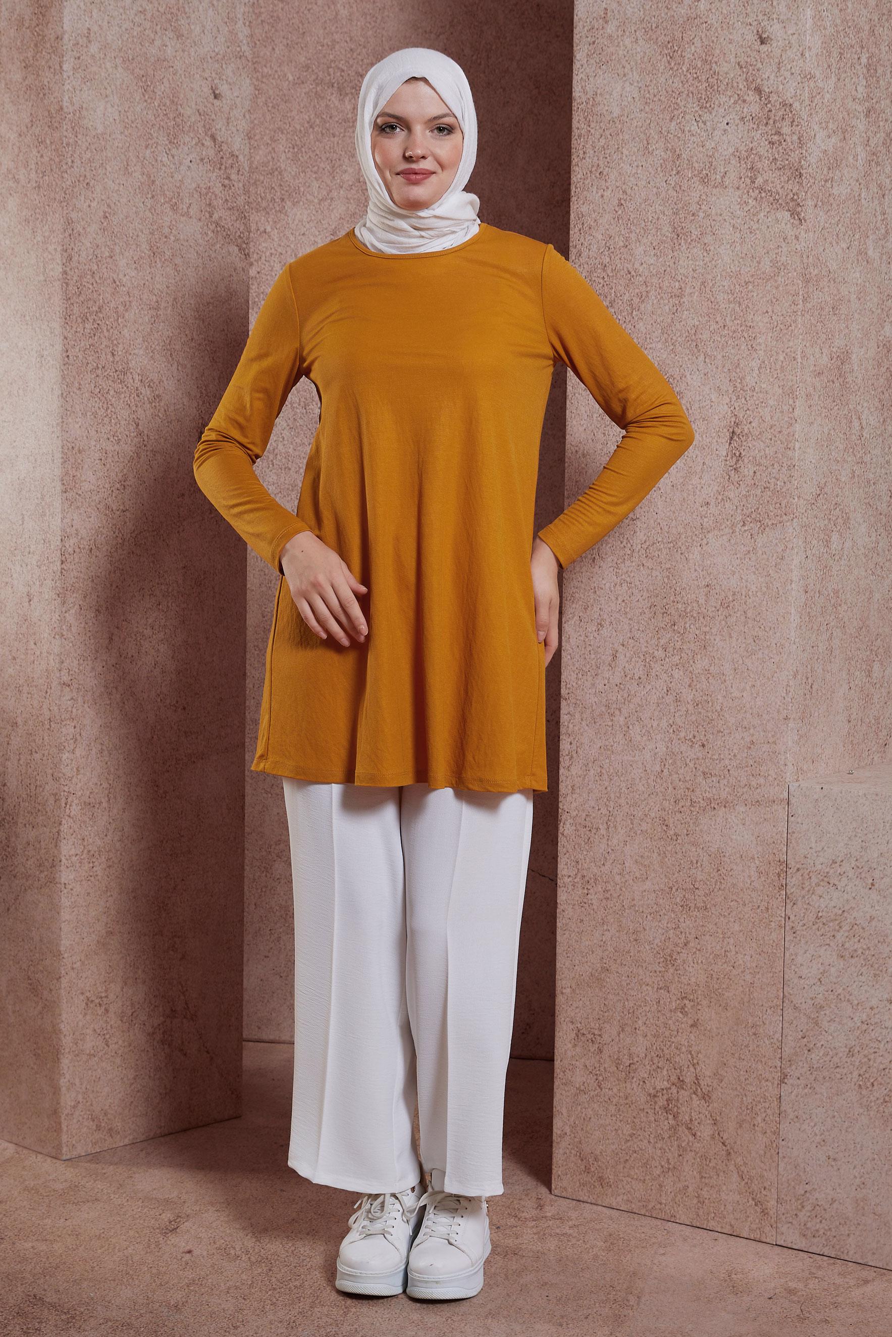 Tesettür giyim SARI BİSİKLET YAKA DÜZ TUNİK 44646