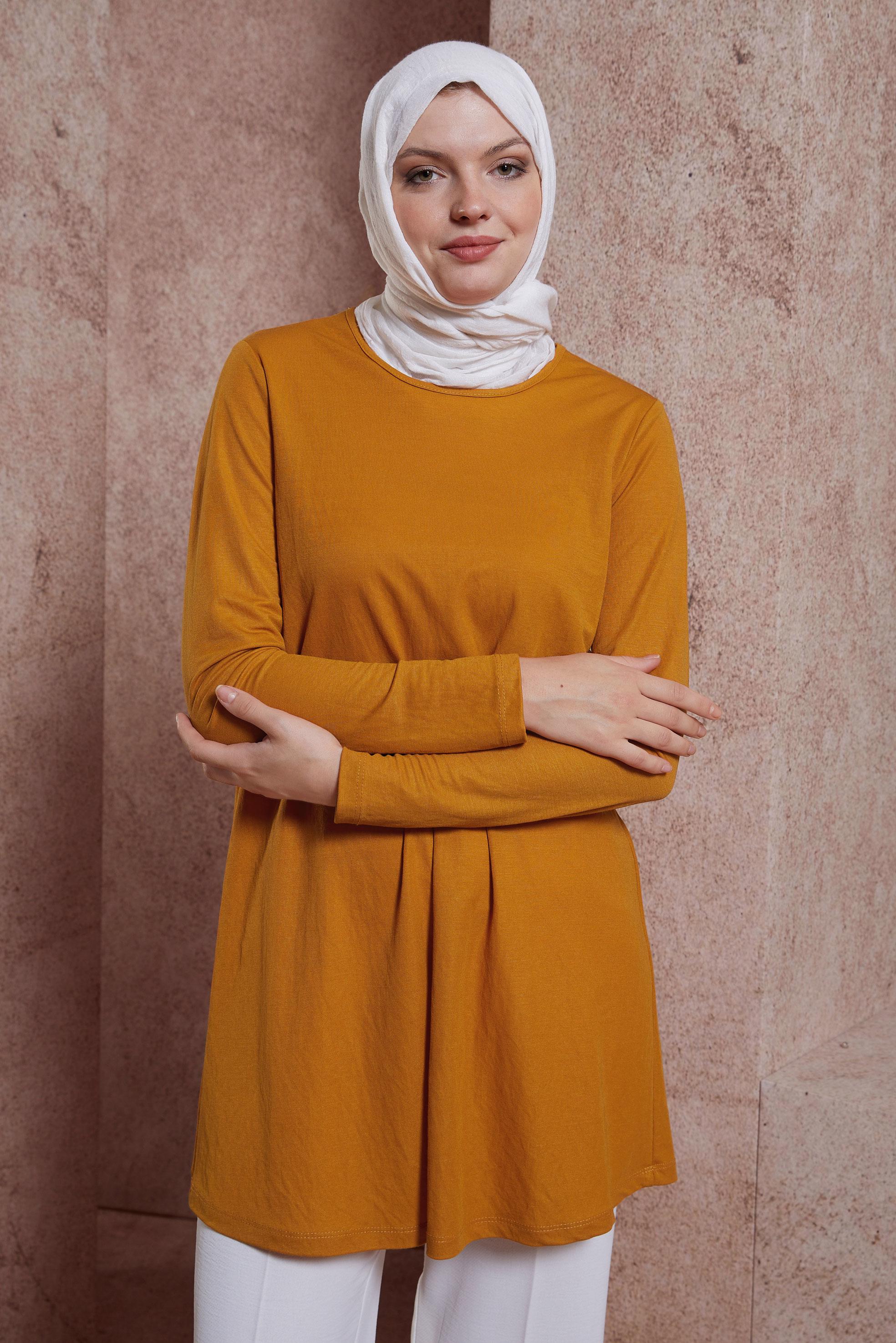 Tesettür giyim SARI BİSİKLET YAKA DÜZ TUNİK 44646