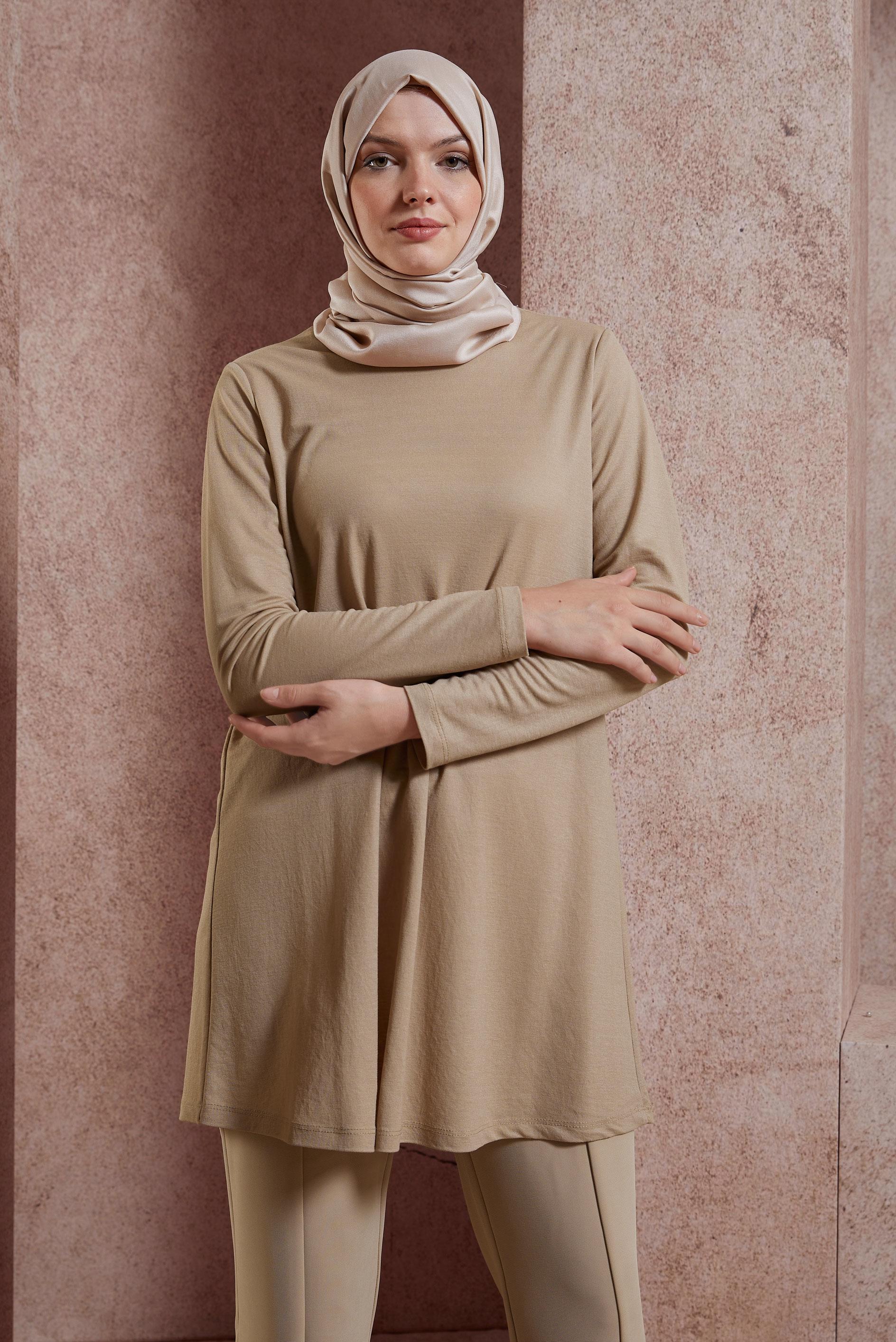 Tesettür giyim KUM BİSİKLET YAKA DÜZ TUNİK 44646