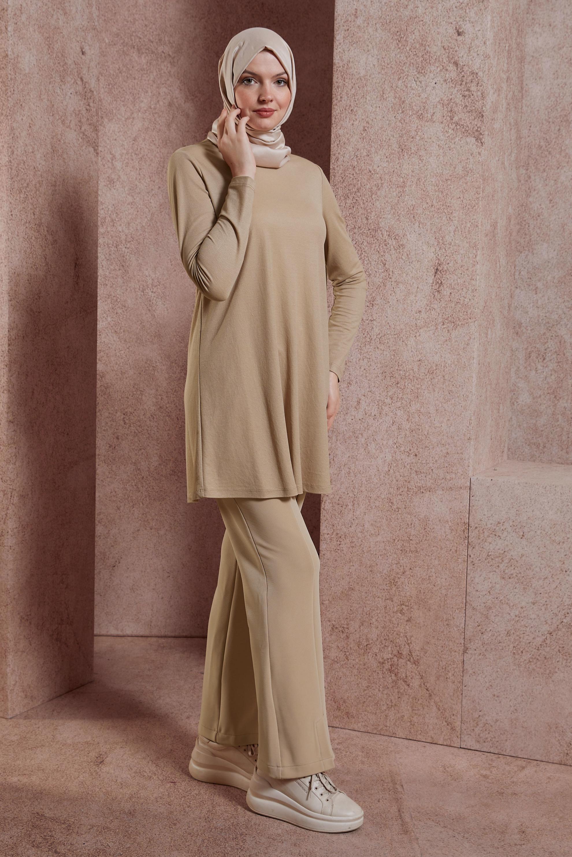 Tesettür giyim KUM BİSİKLET YAKA DÜZ TUNİK 44646