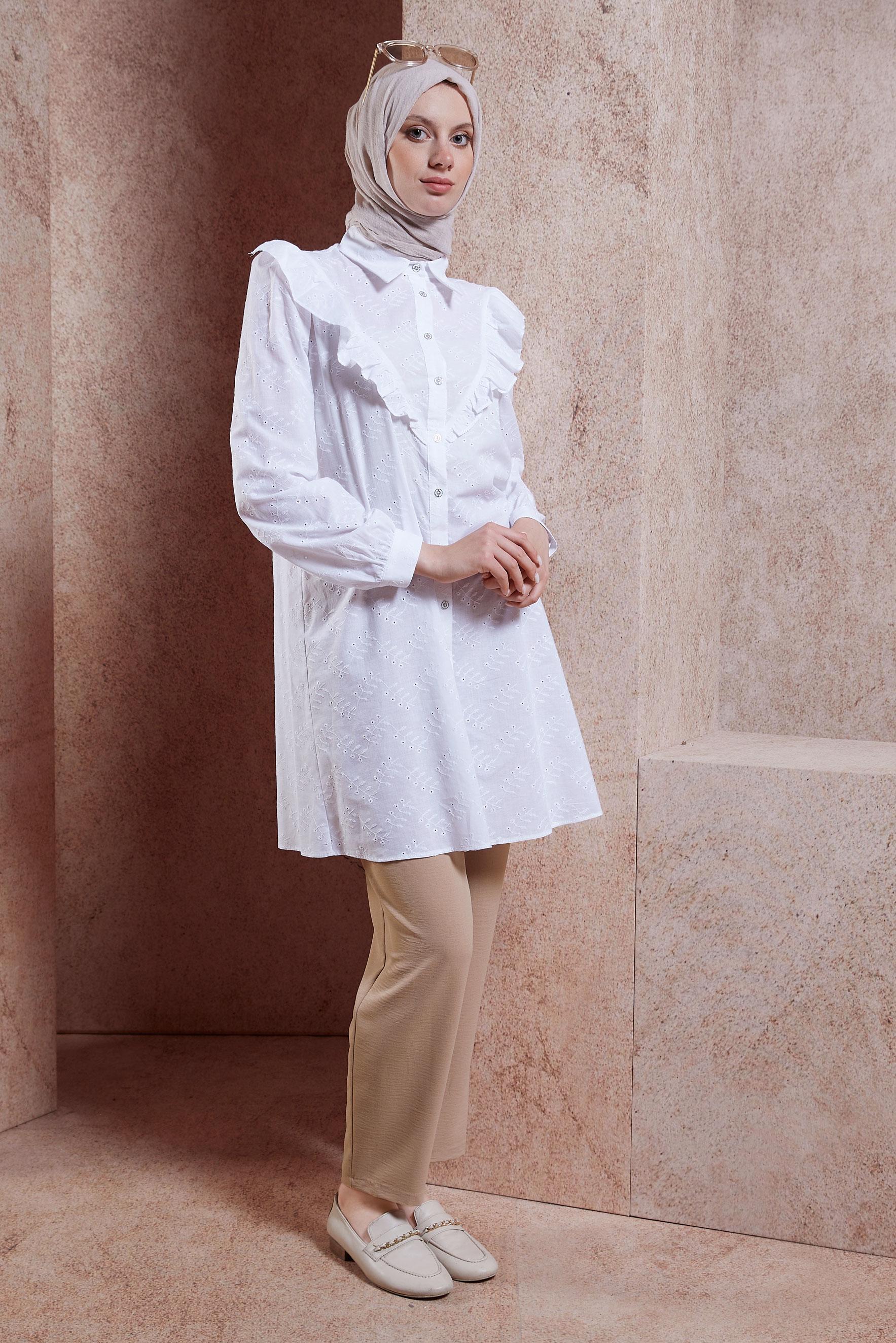 Vêtements hijab BLANC TUNIQUE MODESTE DÉTAILLÉE À VOLANTS 44649