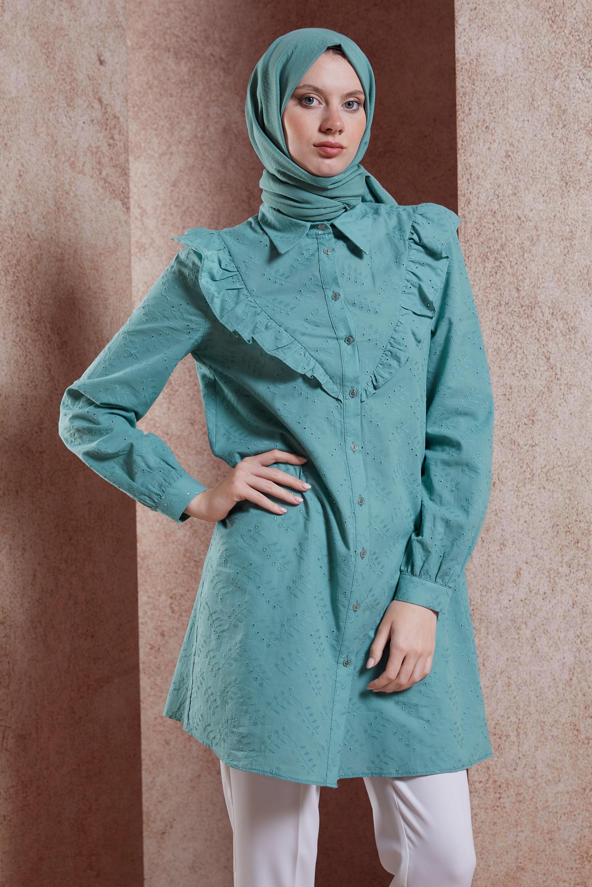 Tesettür giyim MAVİ FIRFIR DETAYLI TESETTÜR TUNİK 44649