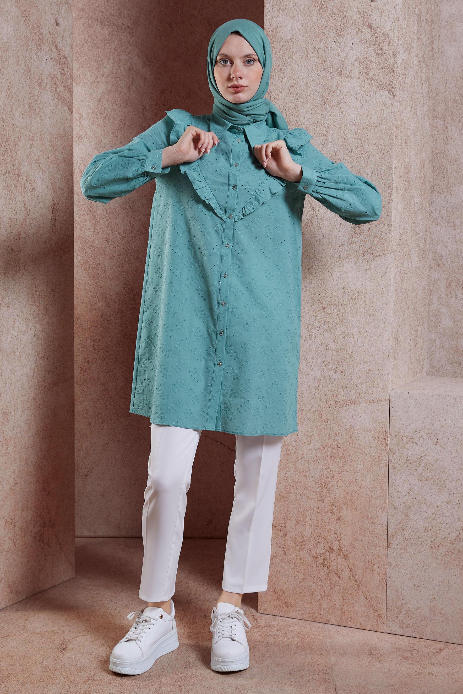 Tesettür giyim MAVİ FIRFIR DETAYLI TESETTÜR TUNİK 44649