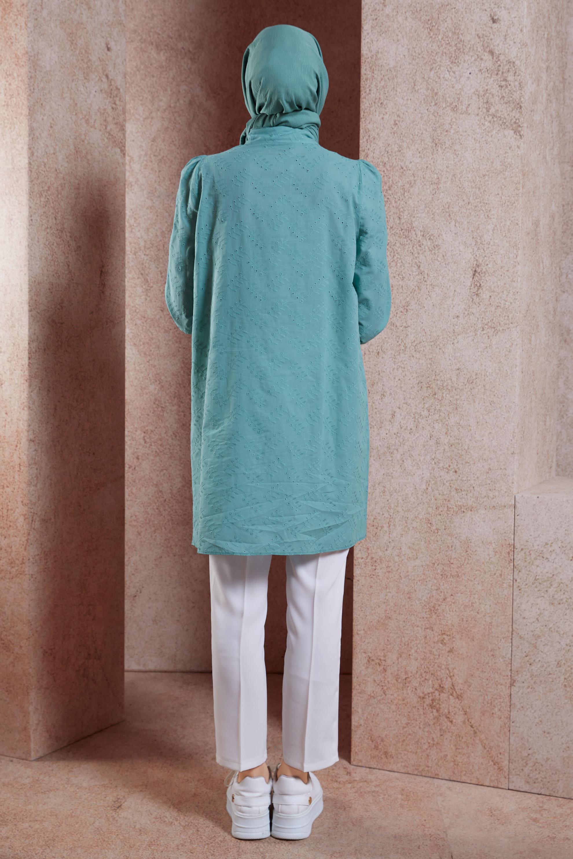 Tesettür giyim MAVİ FIRFIR DETAYLI TESETTÜR TUNİK 44649