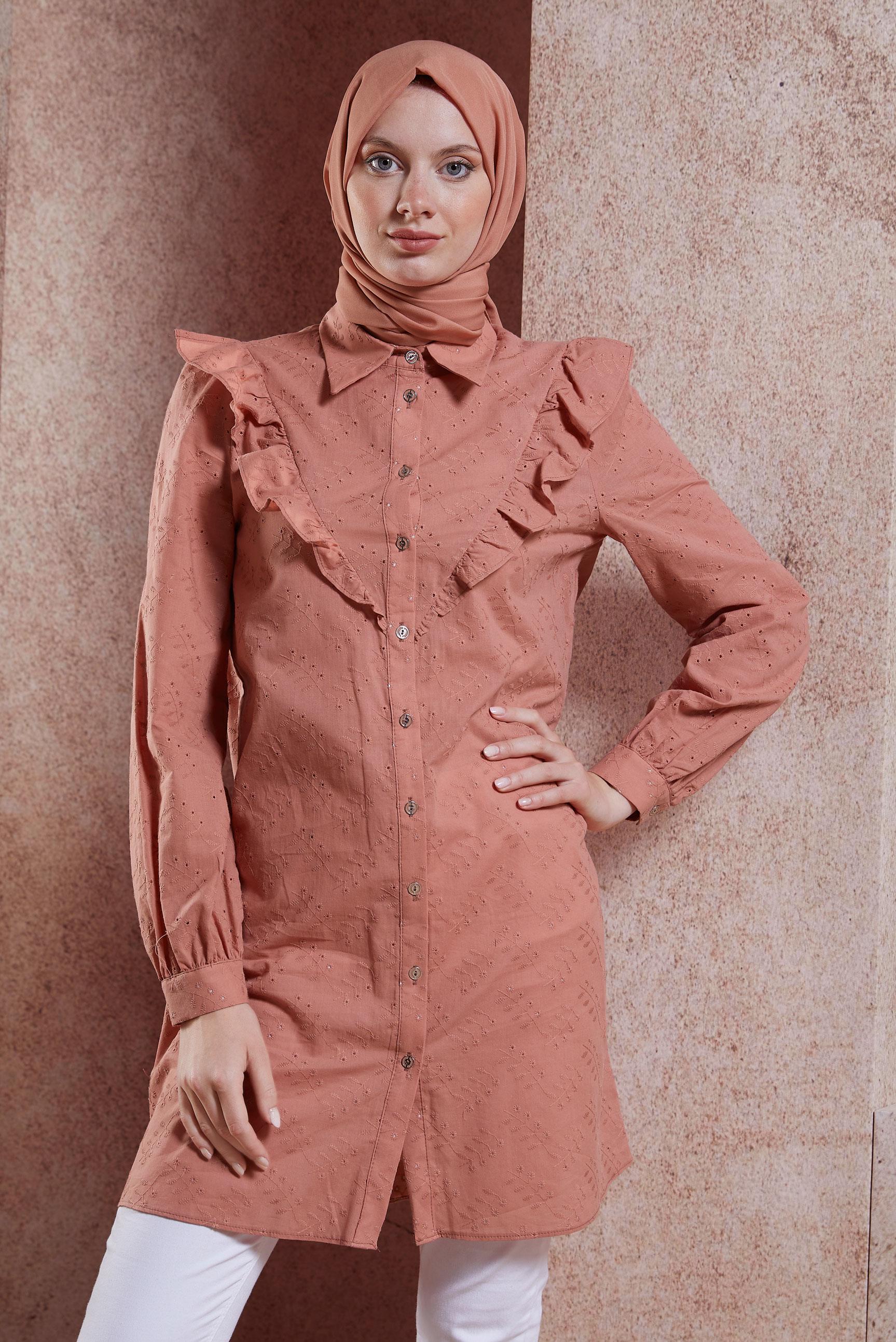 Tesettür giyim PEMBE FIRFIR DETAYLI TESETTÜR TUNİK 44649
