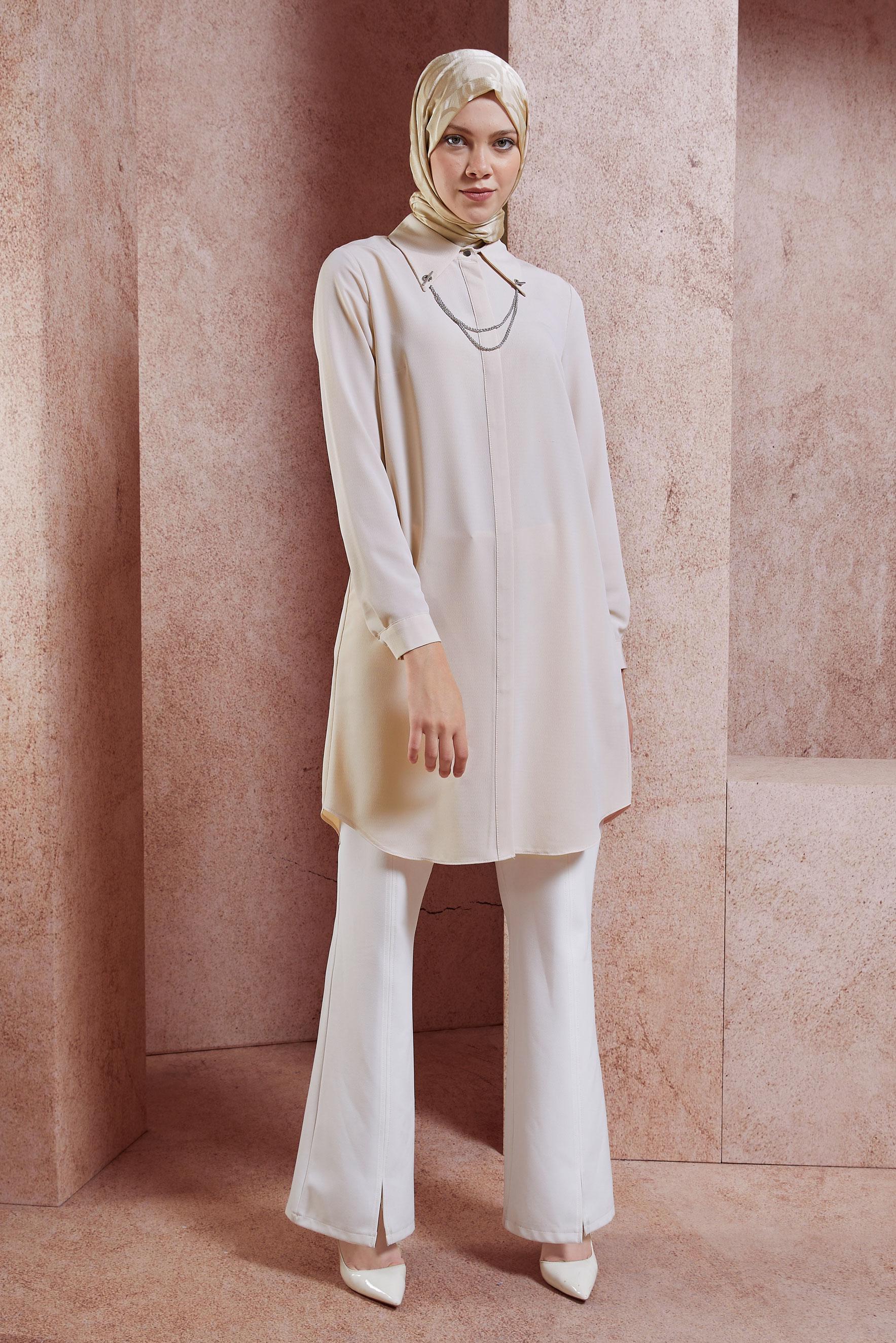 Tesettür giyim BEJ ZİNCİR DETAYLI TESETTÜR TUNİK 44656