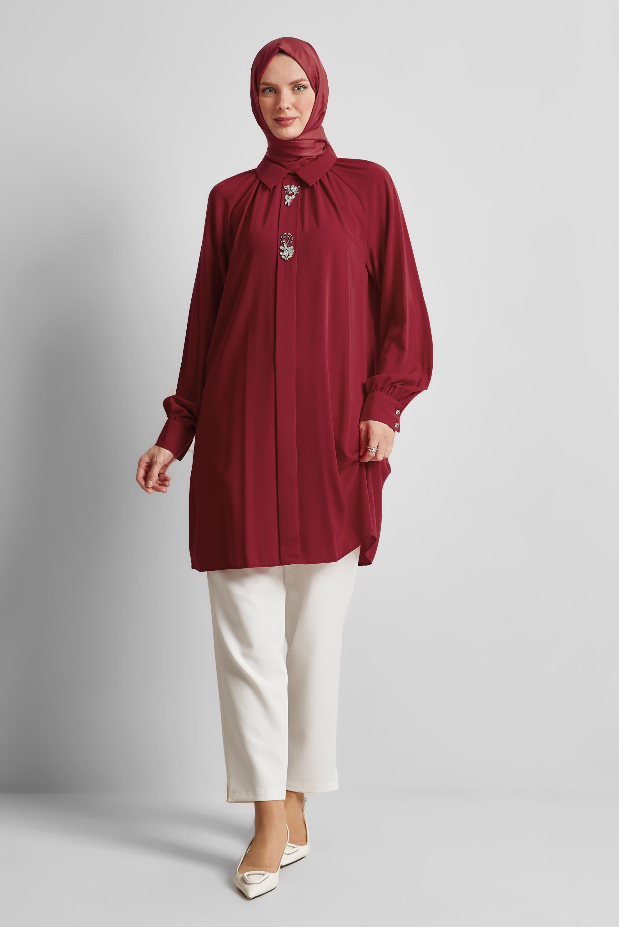 Tesettür giyim KIRMIZI TAŞ DETAYLI TUNİK 44663