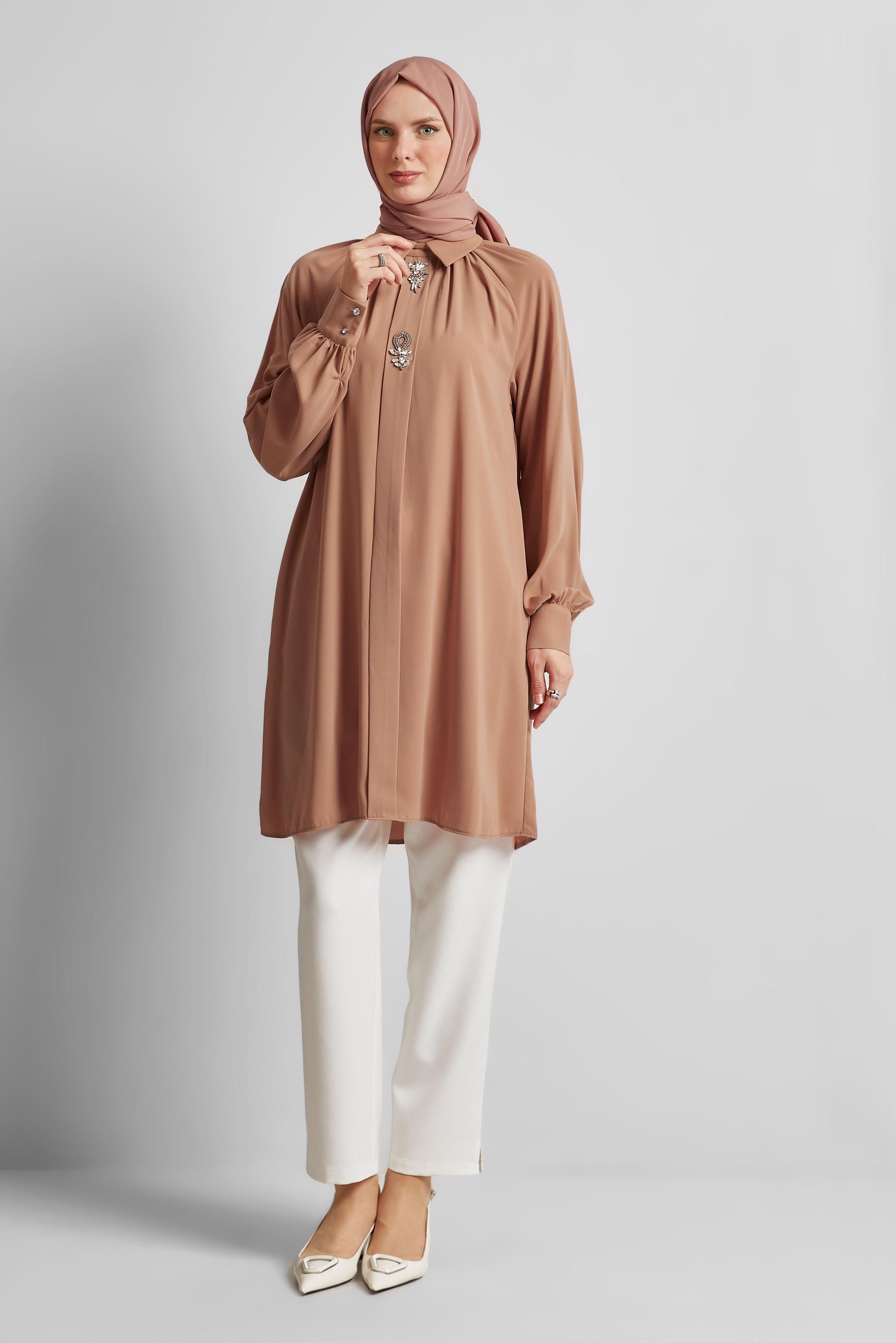 Tesettür giyim KAHVE TAŞ DETAYLI TUNİK 44663