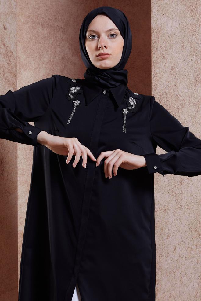 Vêtements hijab NOIR TUNIQUE MODESTE AVEC GEMME 44667 - ALVİNA