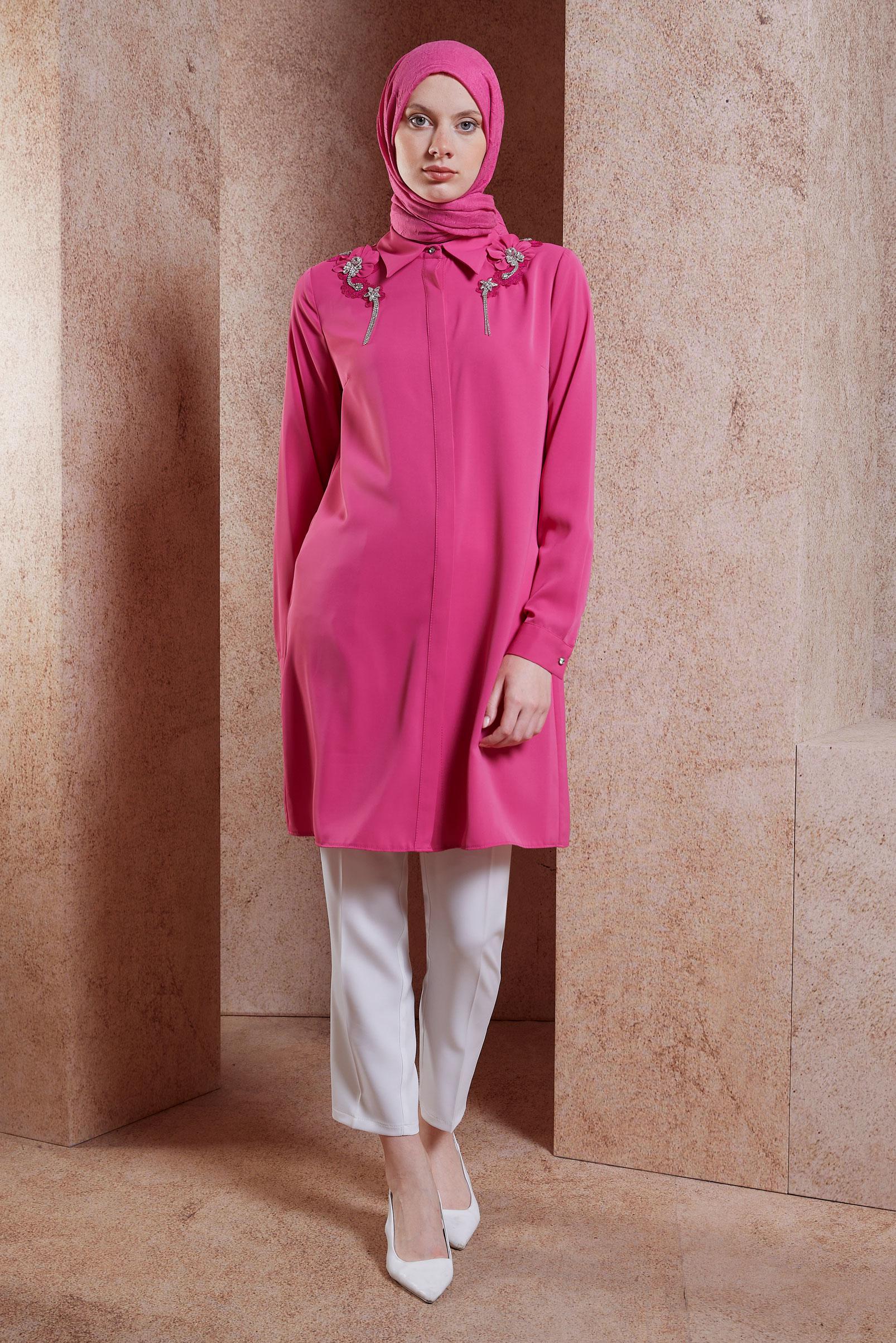 Tesettür giyim FUŞYA TAŞ DETAYLI TESETTÜR TUNİK 44667