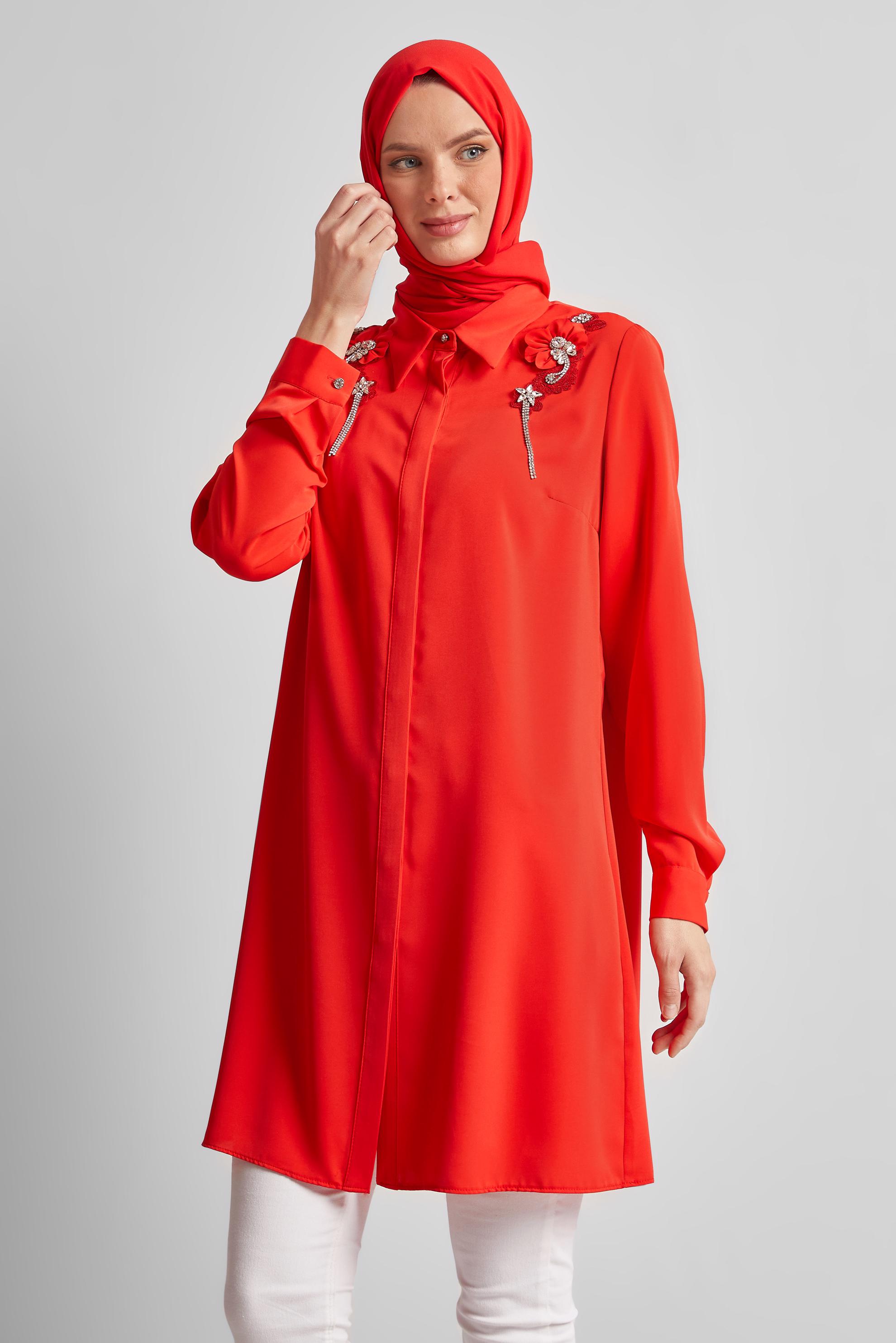 Tesettür giyim MERCAN TAŞ DETAYLI TESETTÜR TUNİK 44667