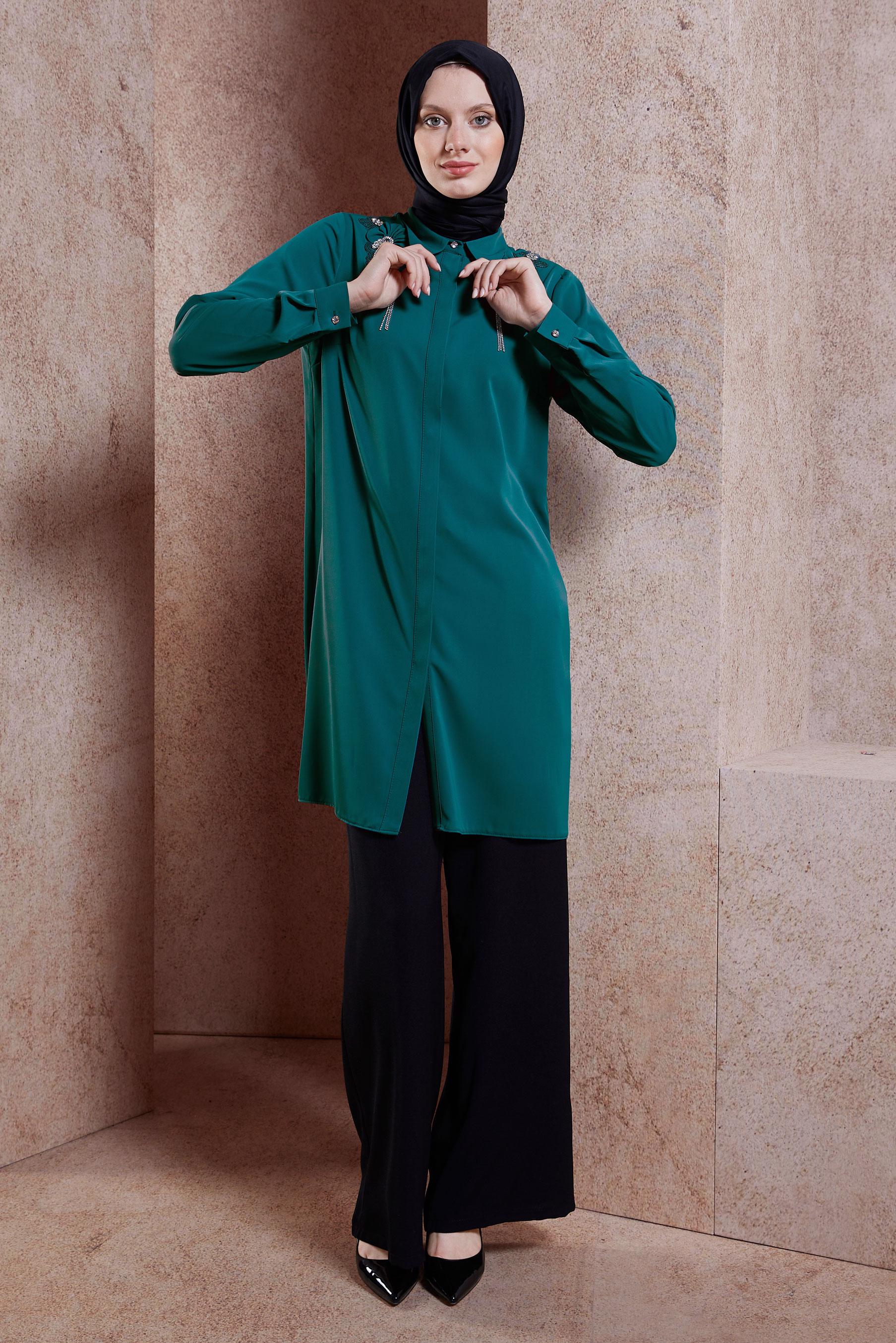 Tesettür giyim MAVİ TAŞ DETAYLI TESETTÜR TUNİK 44667