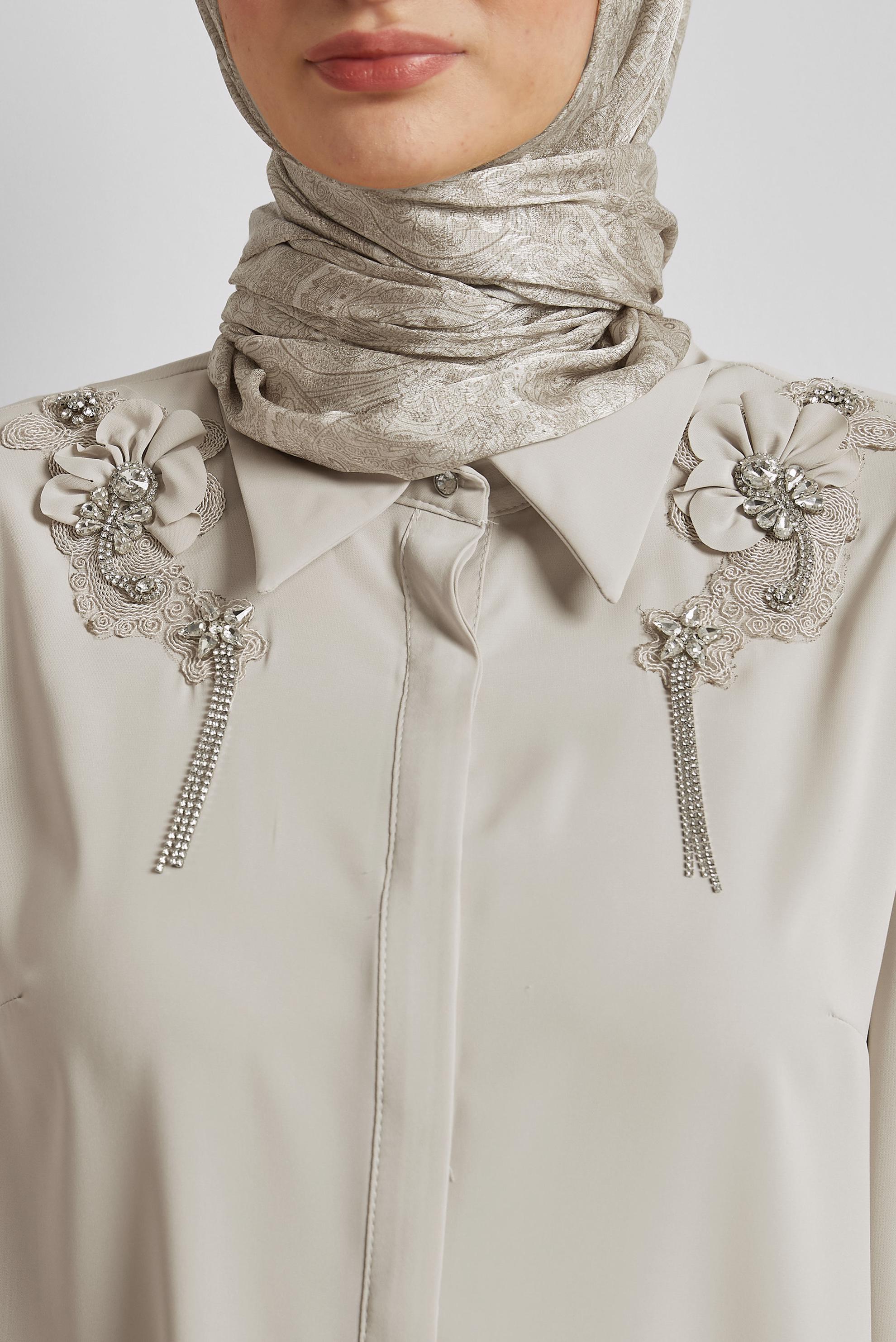 Tesettür giyim BEJ TAŞ DETAYLI TESETTÜR TUNİK 44667