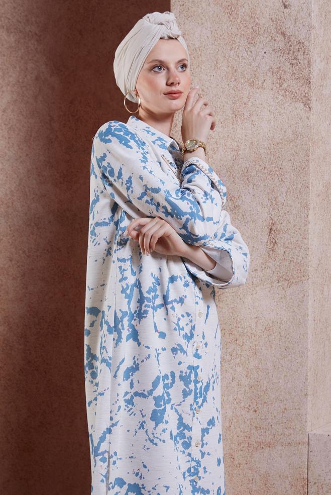 Vêtements hijab BLEU MARINE TUNIQUE MODESTE TEXTURÉE EN LIN 44673 - ALVİNA