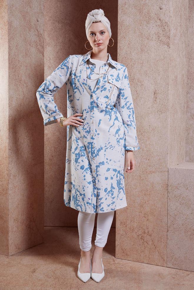 Vêtements hijab BLEU MARINE TUNIQUE MODESTE TEXTURÉE EN LIN 44673 - ALVİNA