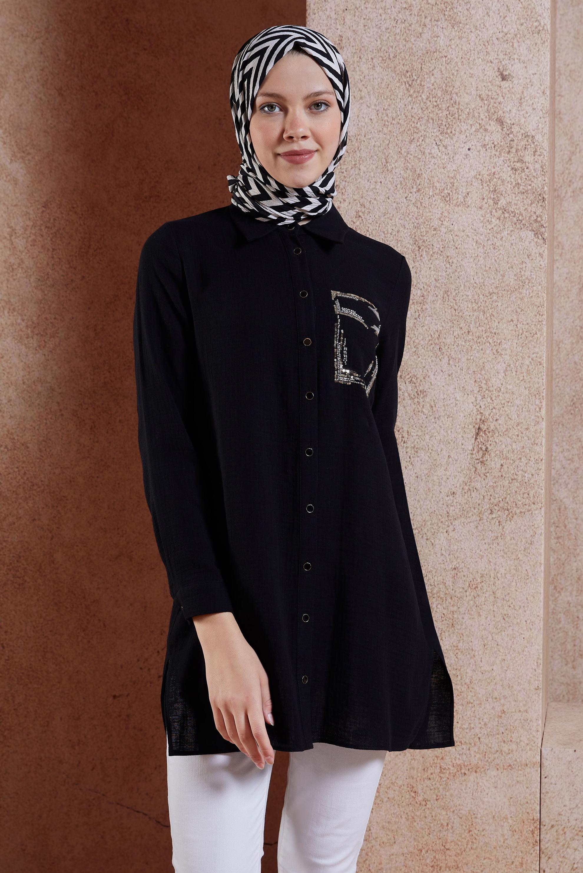 Hijab clothing BLACK COTTON MUSLIN SHIRT TUNIC 44680