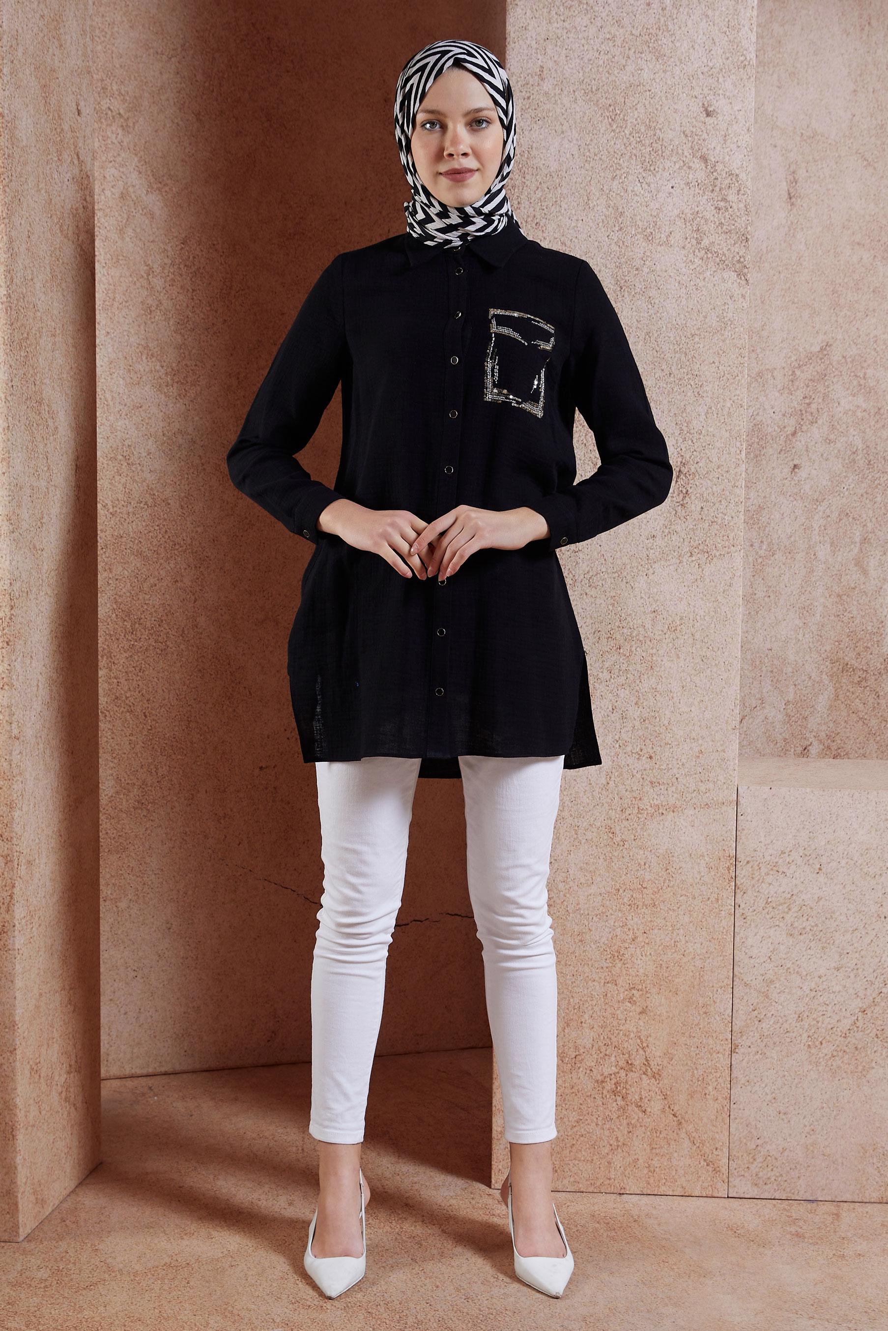 Hijab clothing BLACK COTTON MUSLIN SHIRT TUNIC 44680