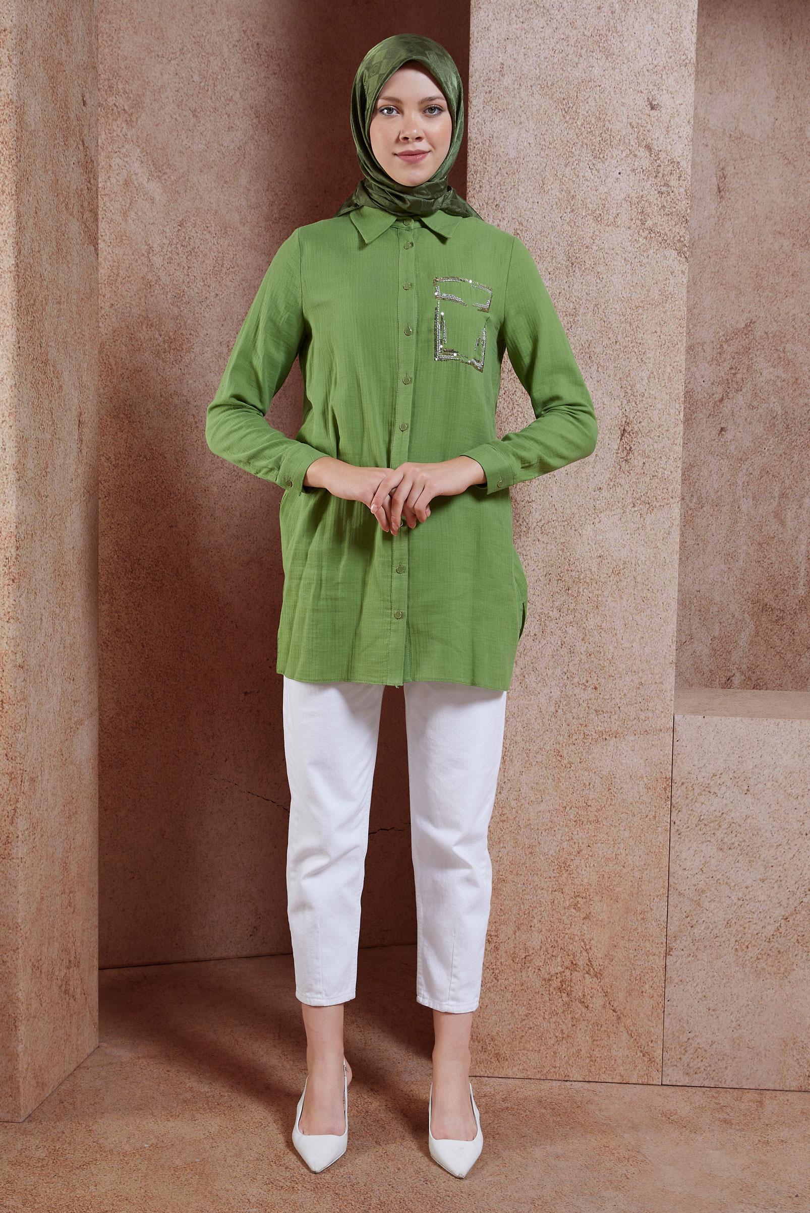 Tesettür giyim YEŞİL PAMUKLU MÜSLİN GÖMLEK TUNİK 44680