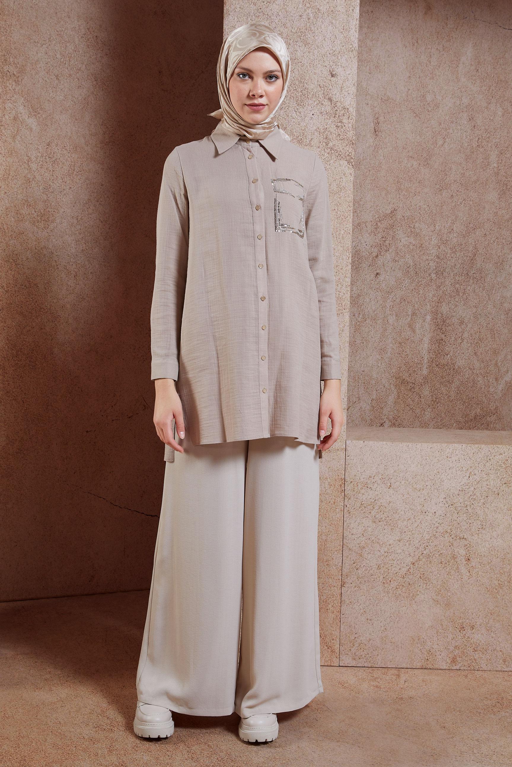 Hijab clothing BEIGE COTTON MUSLIN SHIRT TUNIC 44680