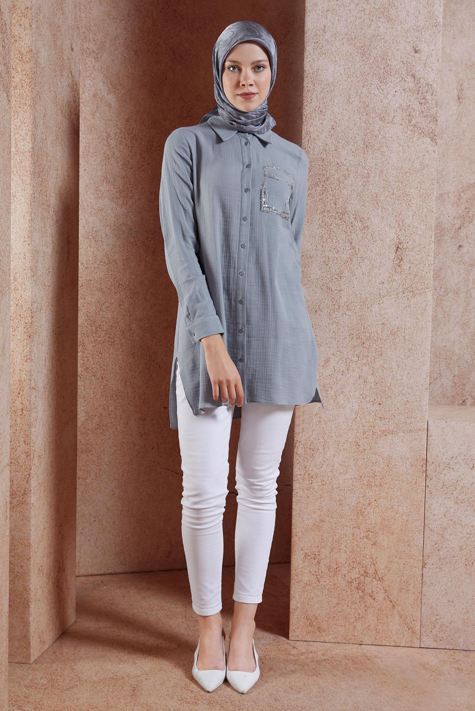 Tesettür giyim GRİ PAMUKLU MÜSLİN GÖMLEK TUNİK 44680