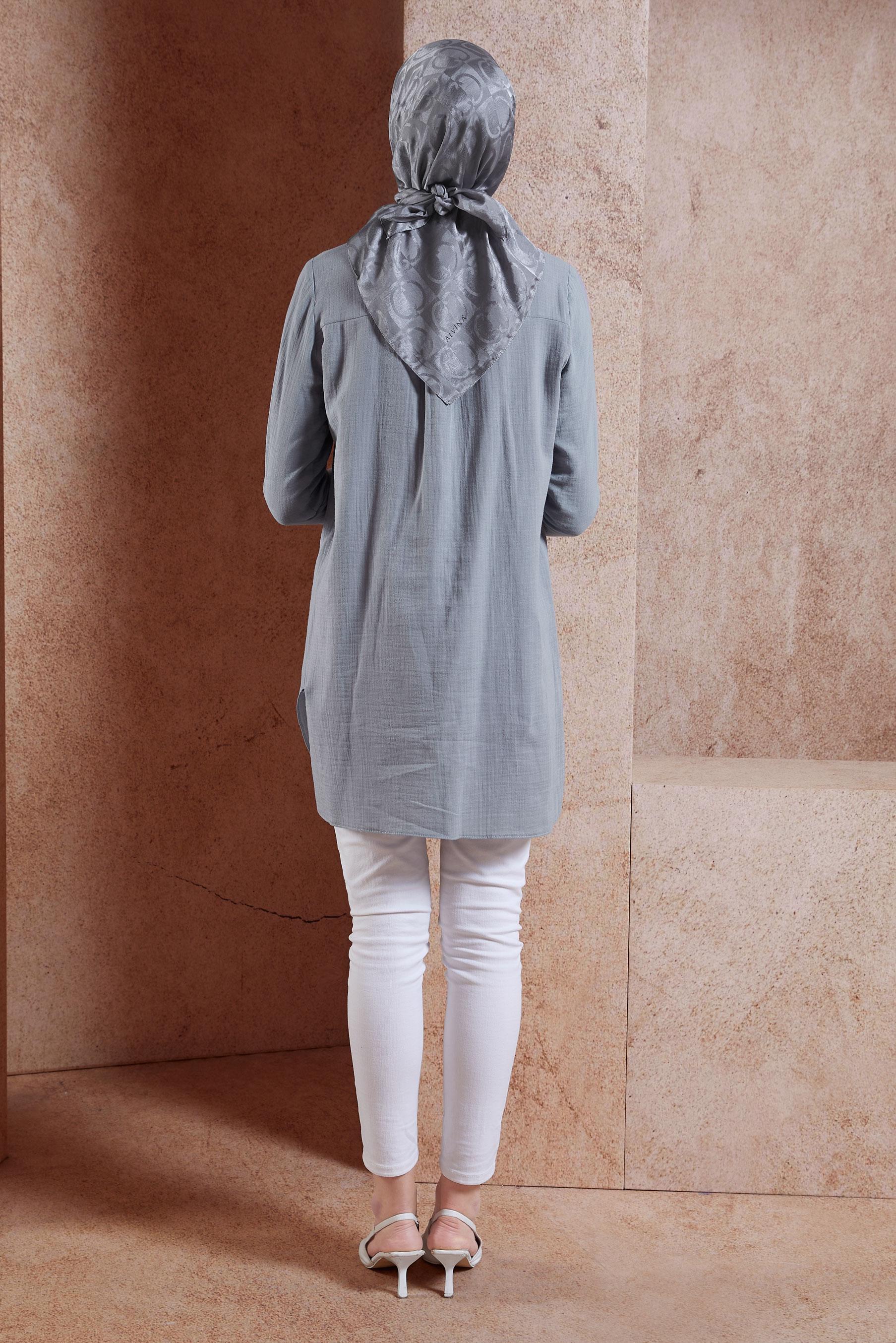 Tesettür giyim GRİ PAMUKLU MÜSLİN GÖMLEK TUNİK 44680