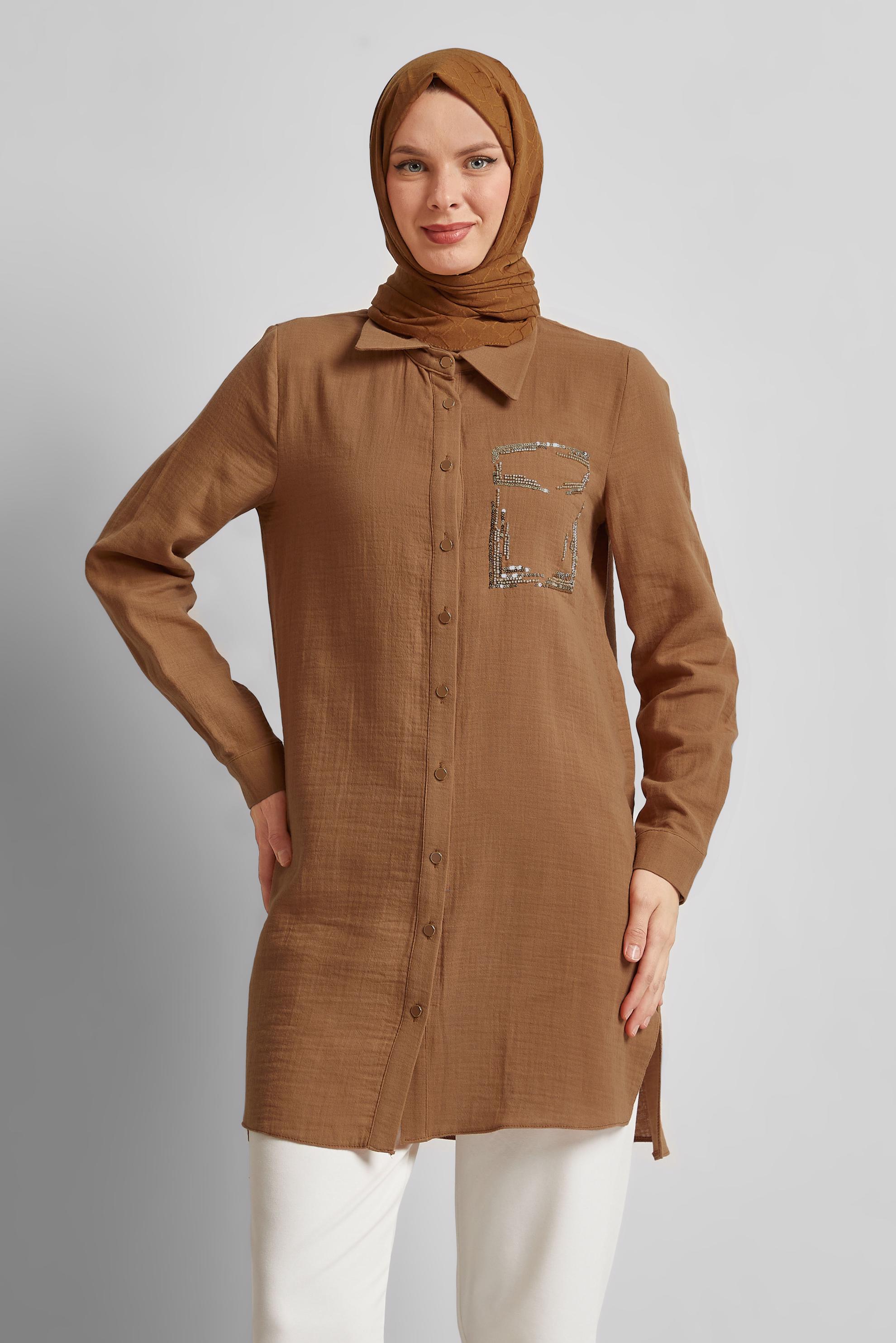 Tesettür giyim TABA PAMUKLU MÜSLİN GÖMLEK TUNİK 44680