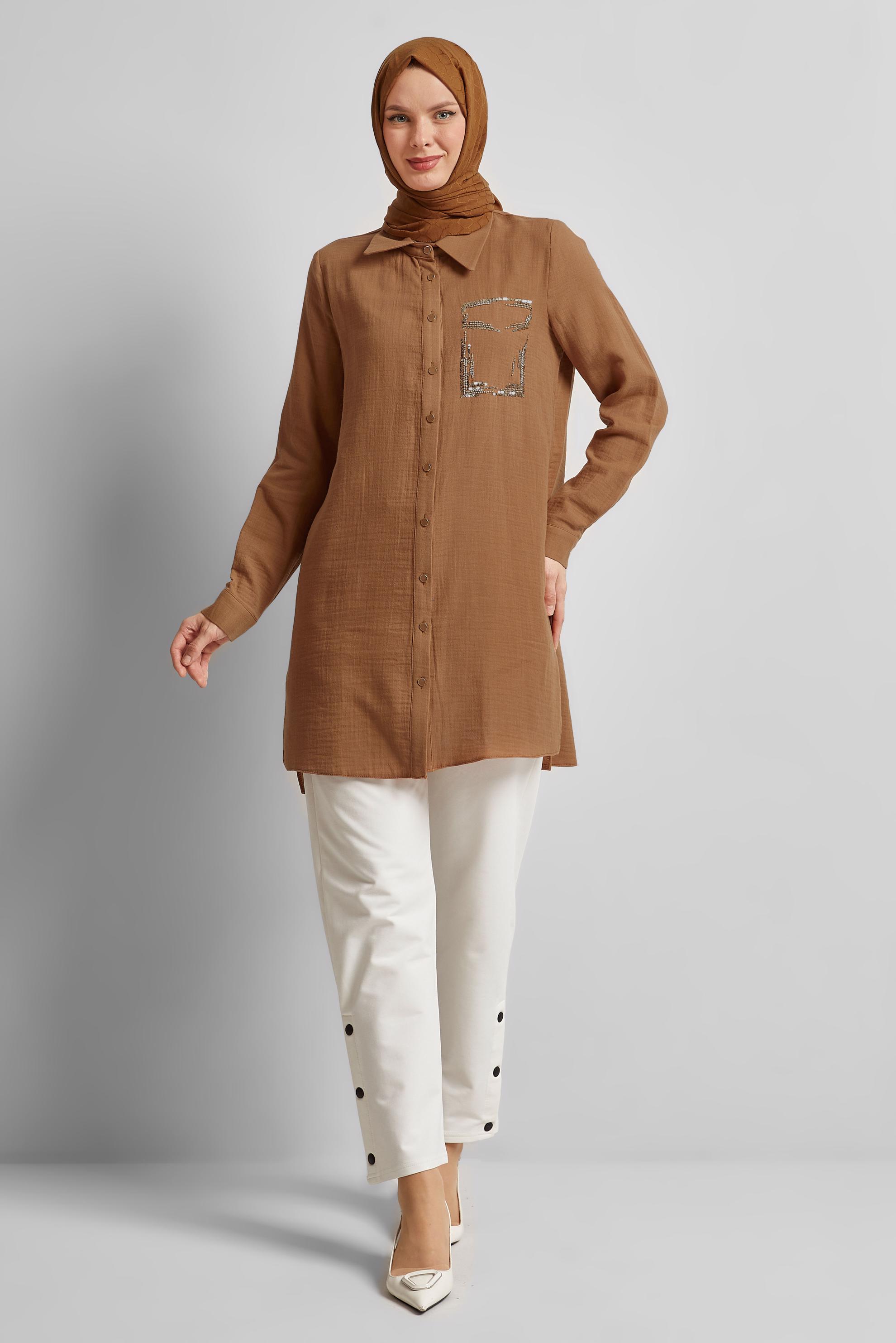 Tesettür giyim TABA PAMUKLU MÜSLİN GÖMLEK TUNİK 44680