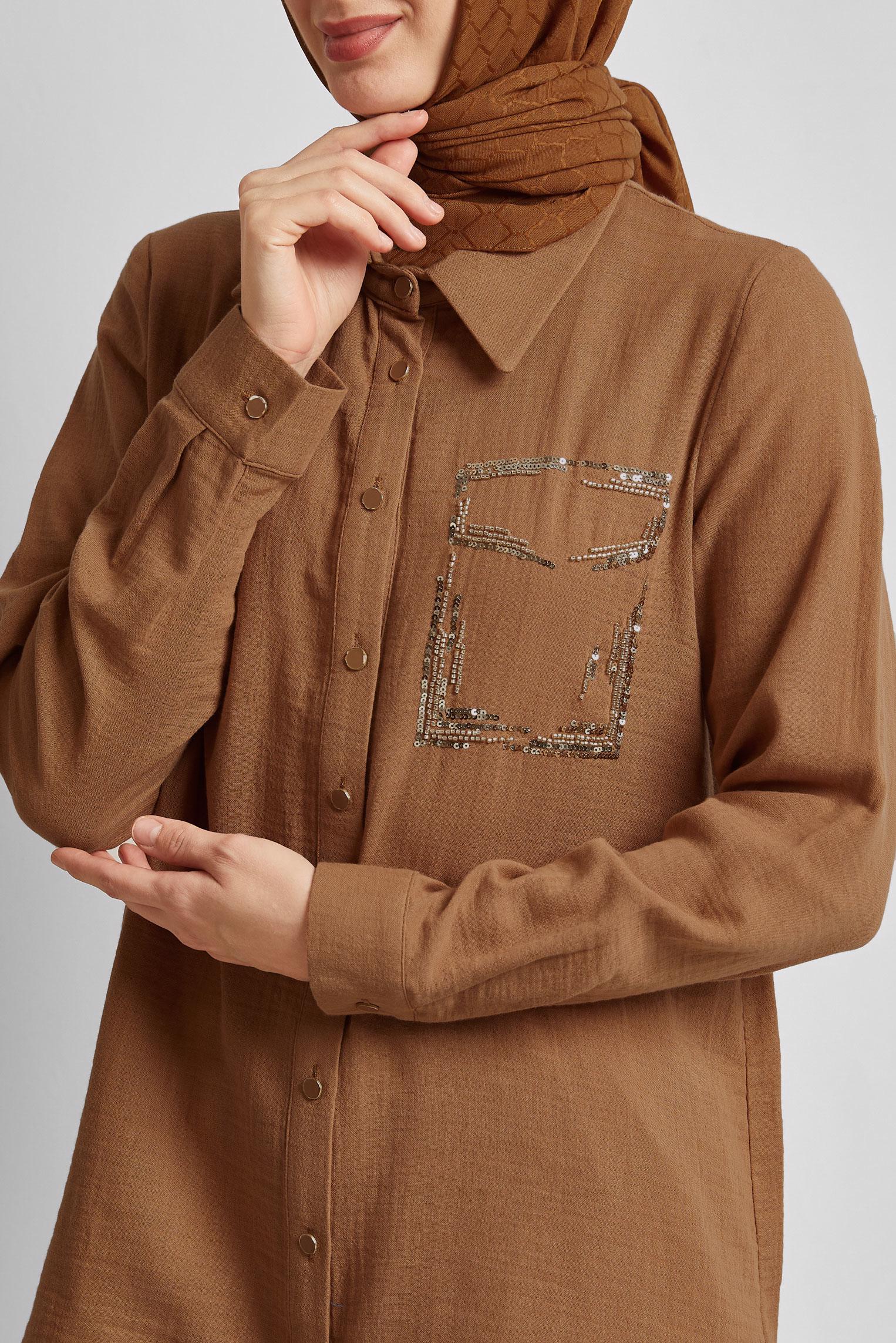 Tesettür giyim TABA PAMUKLU MÜSLİN GÖMLEK TUNİK 44680