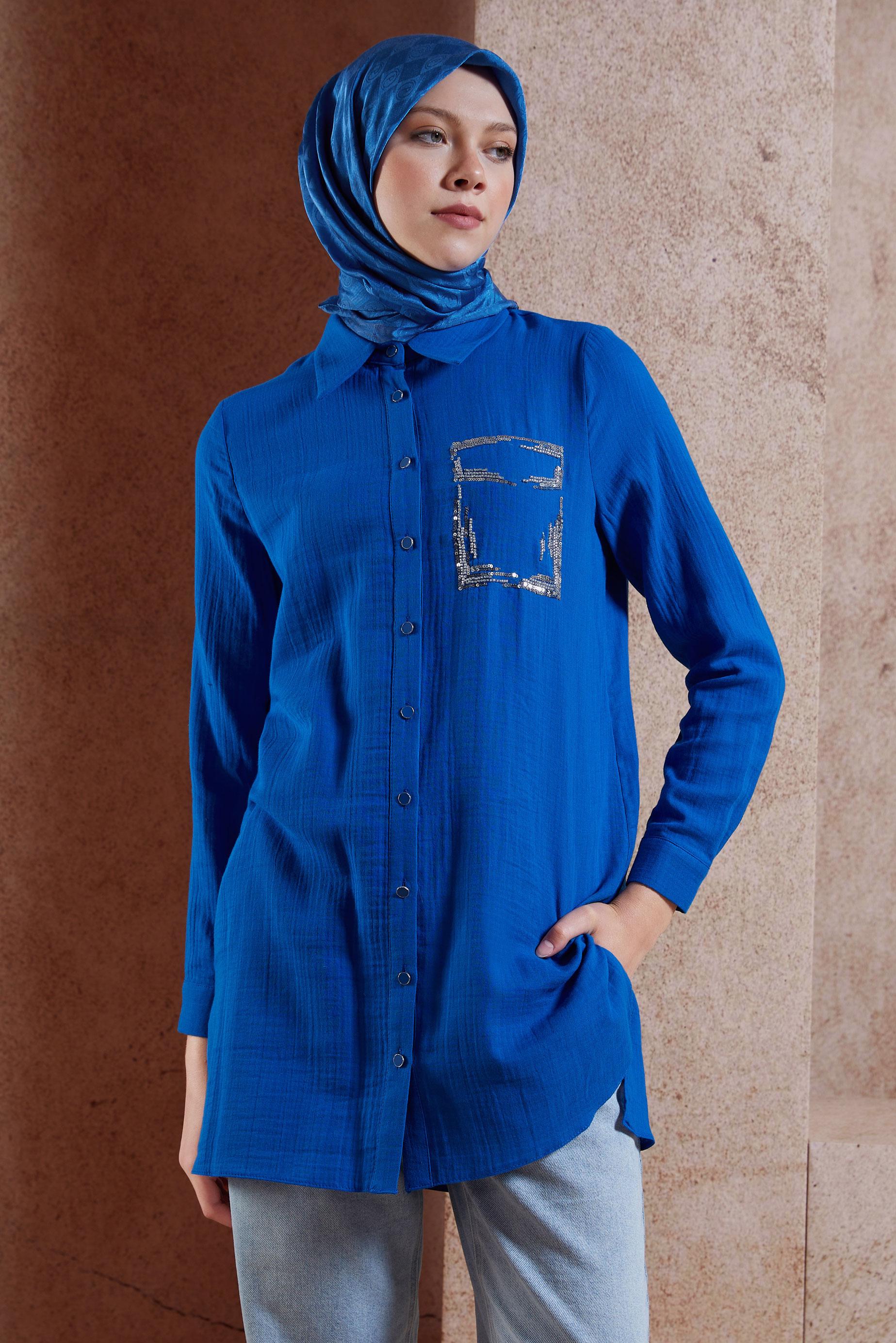 Hijab clothing NAVY BLUE COTTON MUSLIN SHIRT TUNIC 44680