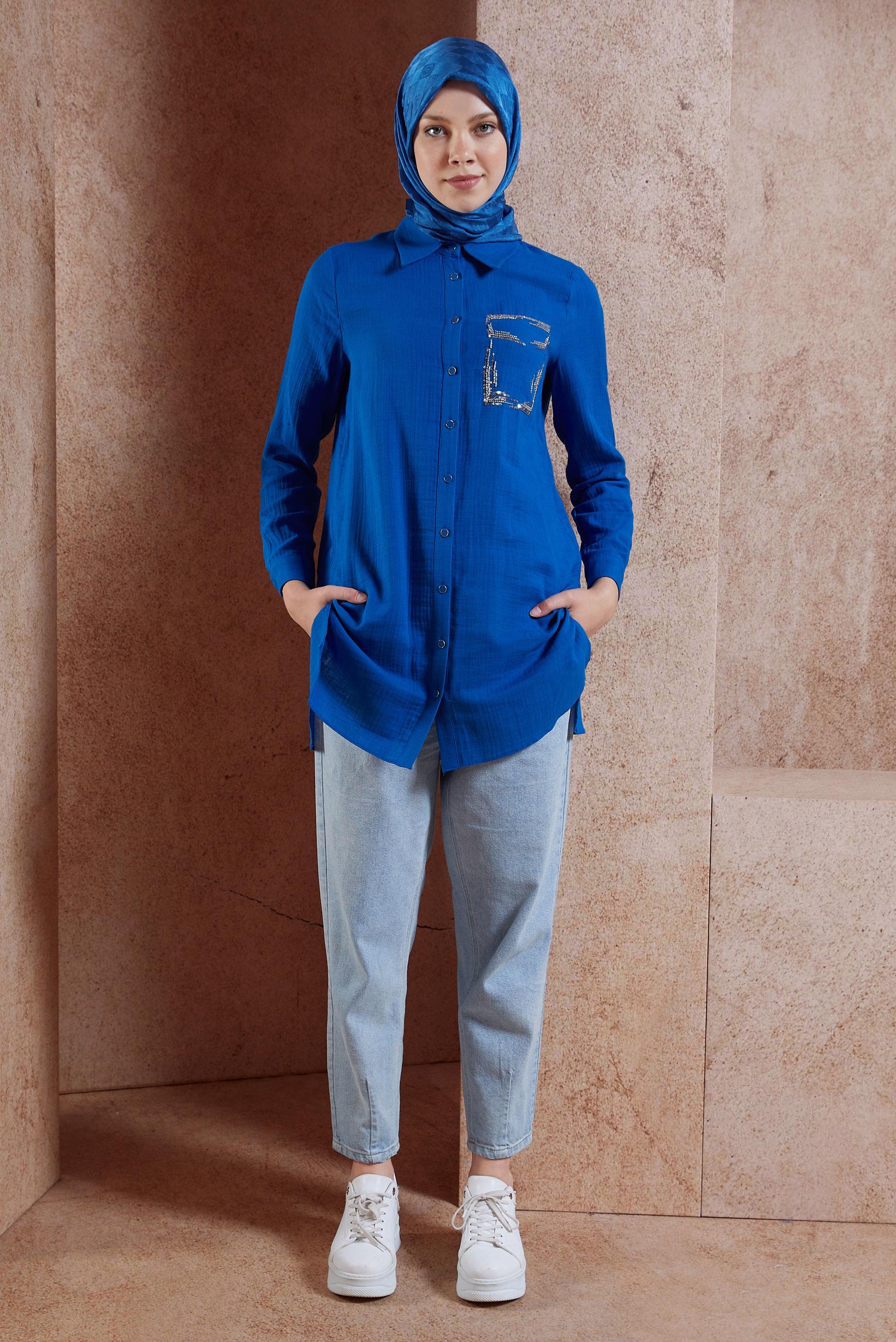 Hijab clothing NAVY BLUE COTTON MUSLIN SHIRT TUNIC 44680